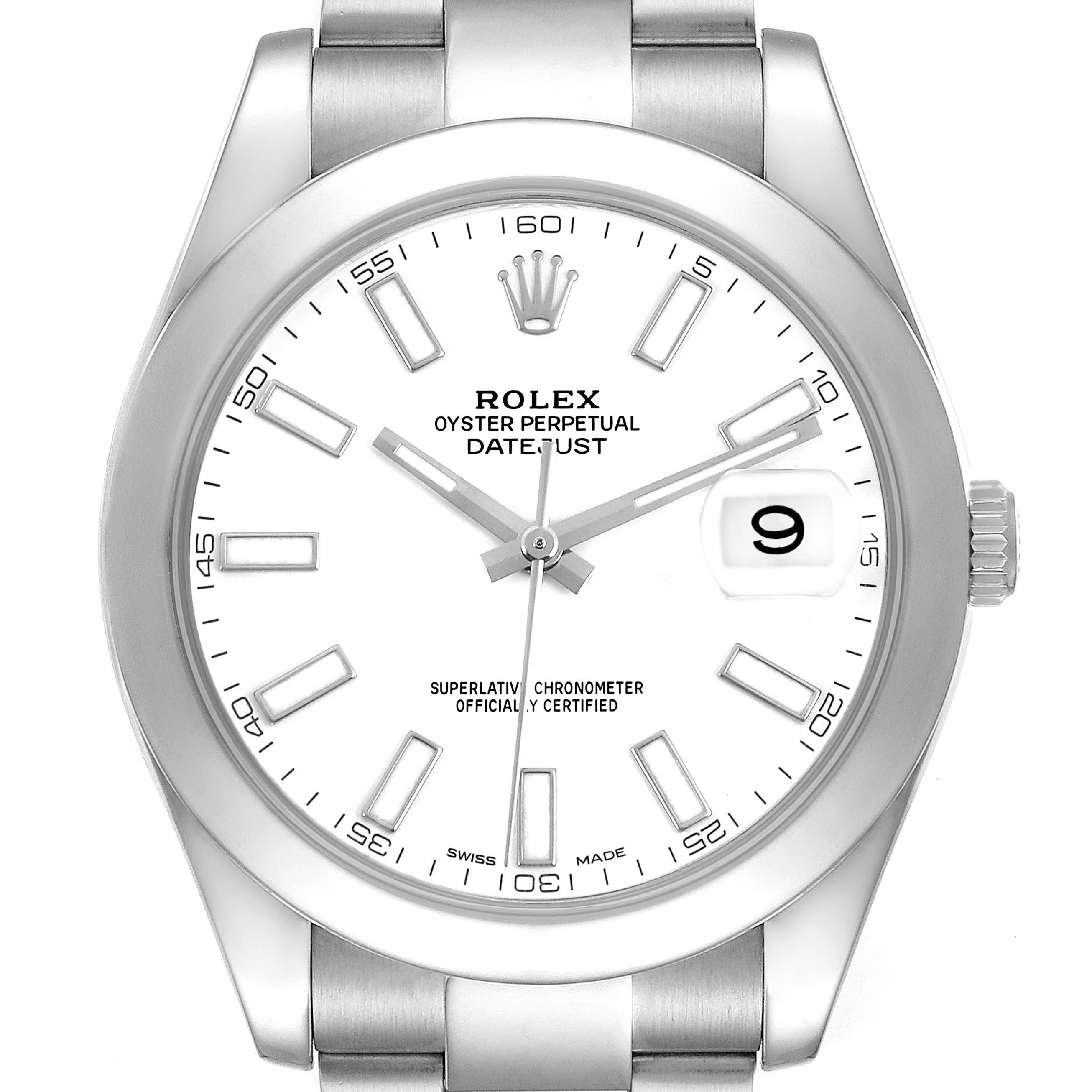 The Rolex Datejust 41 116300 Men's Stainless Steel White Dial model is shown from the front, highlighting the dial, markers, bezel, and part of the bracelet.