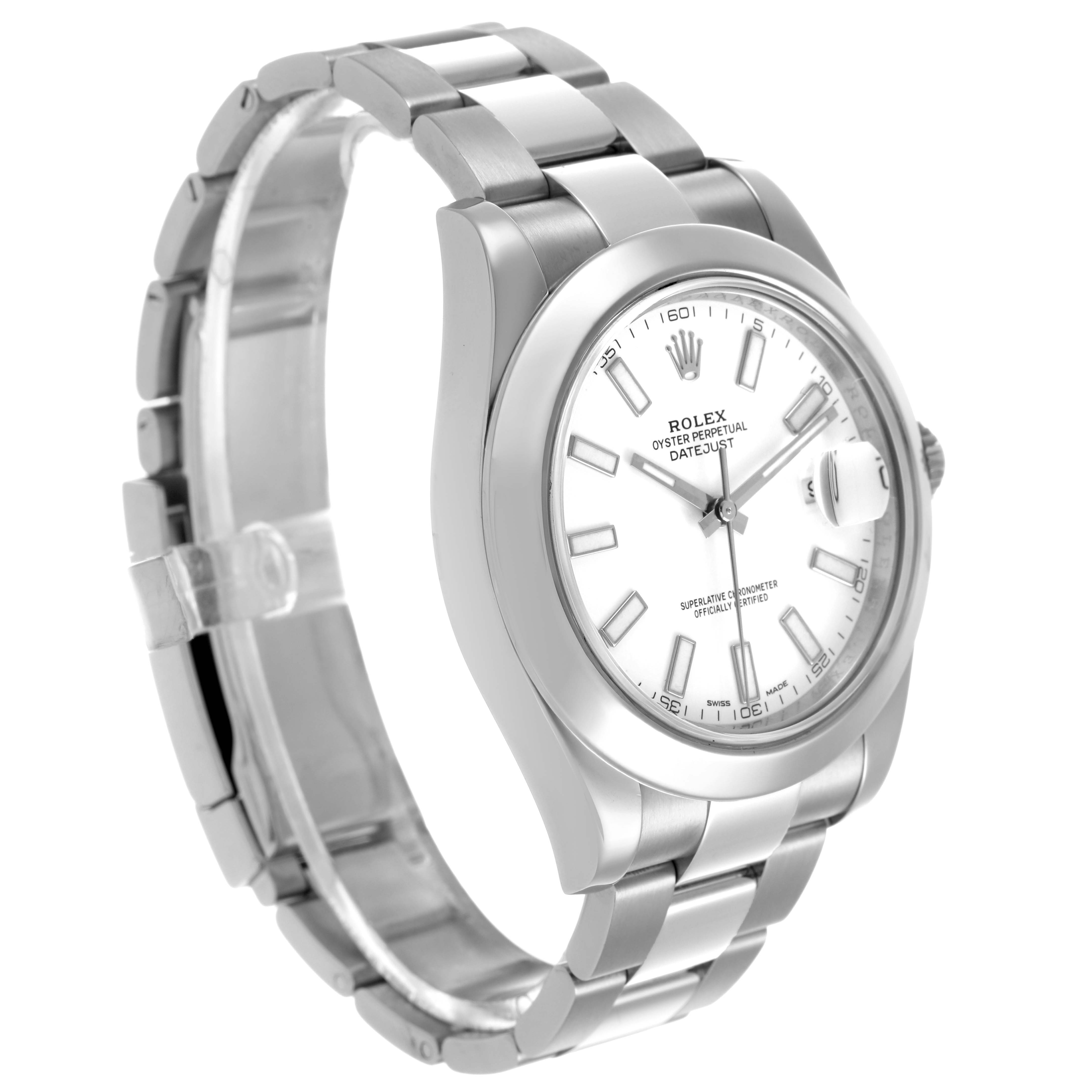 The Rolex Datejust 41 116300 Men's Stainless Steel White Dial is shown at a three-quarter angle, displaying the watch face, case, and part of the bracelet.