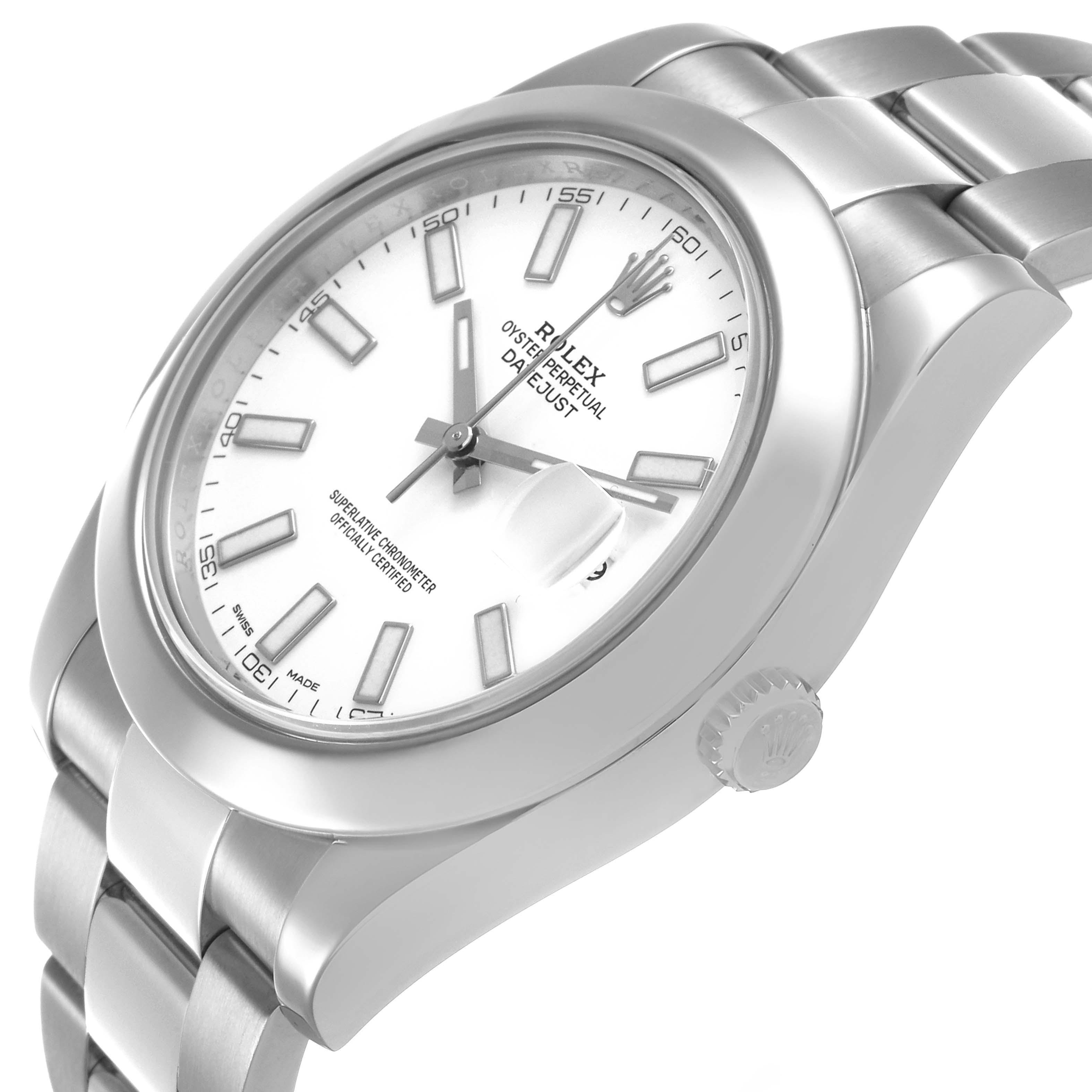 The Rolex Datejust 41 116300 Men's Stainless Steel White Dial is shown from a side angle, highlighting the watch face, bezel, bracelet, and crown.