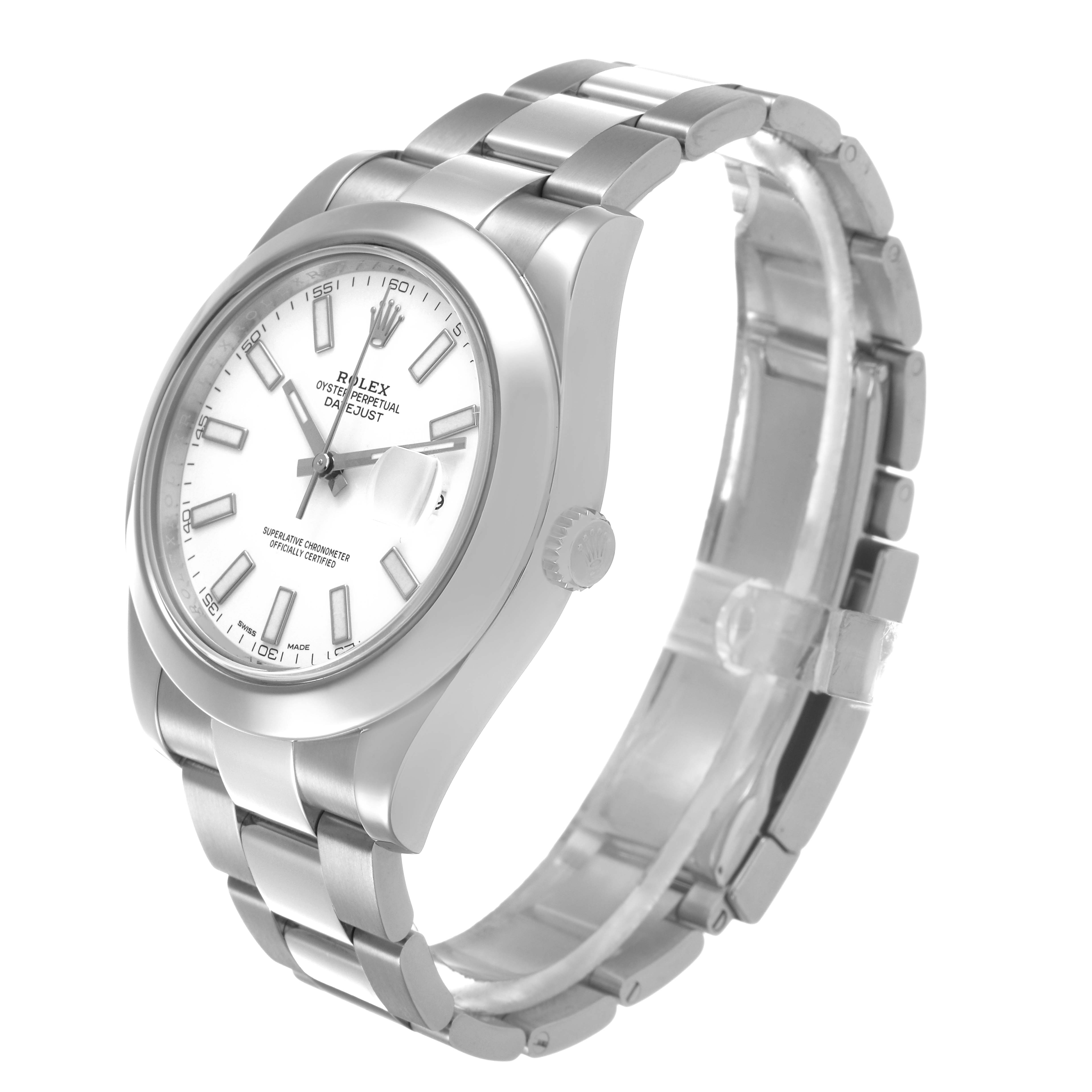 The Rolex Datejust 41 116300 Men's Stainless Steel White Dial is shown at a three-quarter angle, displaying the watch face, bezel, crown, and bracelet.