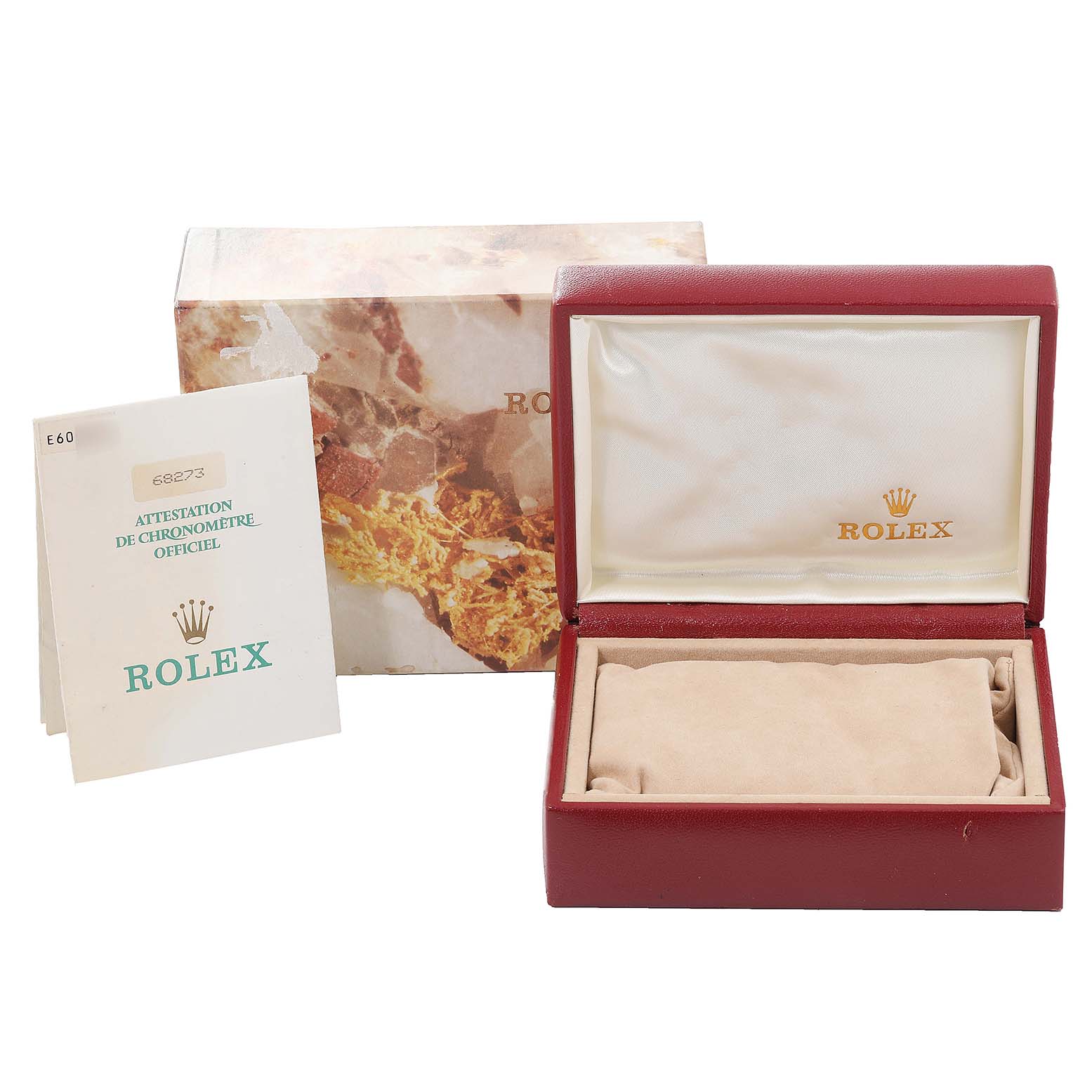 This image shows the opened box, outer packaging, and documentation for a Rolex Mid-Size 68273 Women's Steel and Gold (two tone) Silver Dial 68273 Women's Steel and Gold (two tone) Silver Dial model watch.