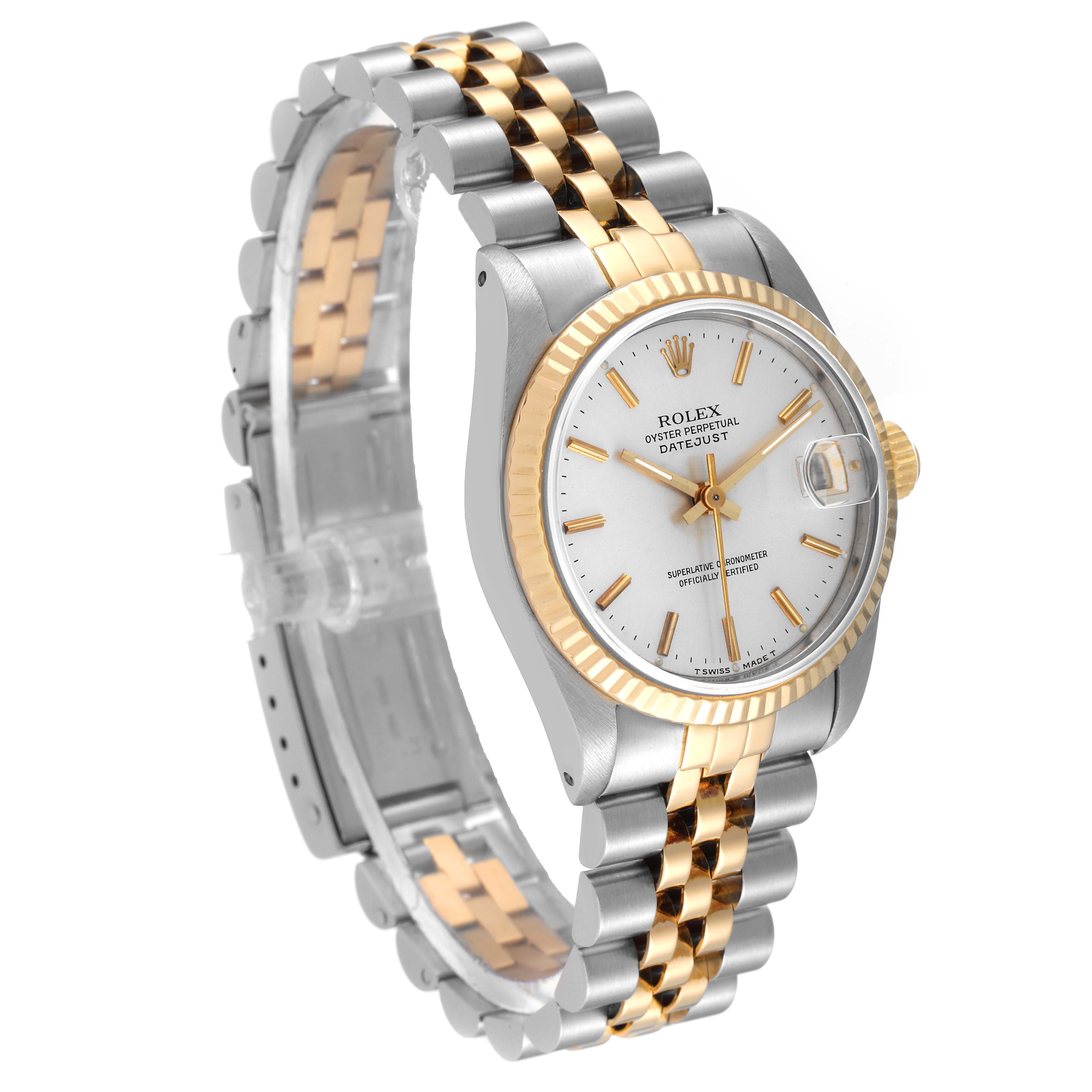 The image shows a side view of a Rolex Mid-Size 68273 Women's Steel and Gold (two tone) Silver Dial 68273 Women's Steel and Gold (two tone) Silver Dial Datejust watch, featuring a two-tone bracelet and white dial.