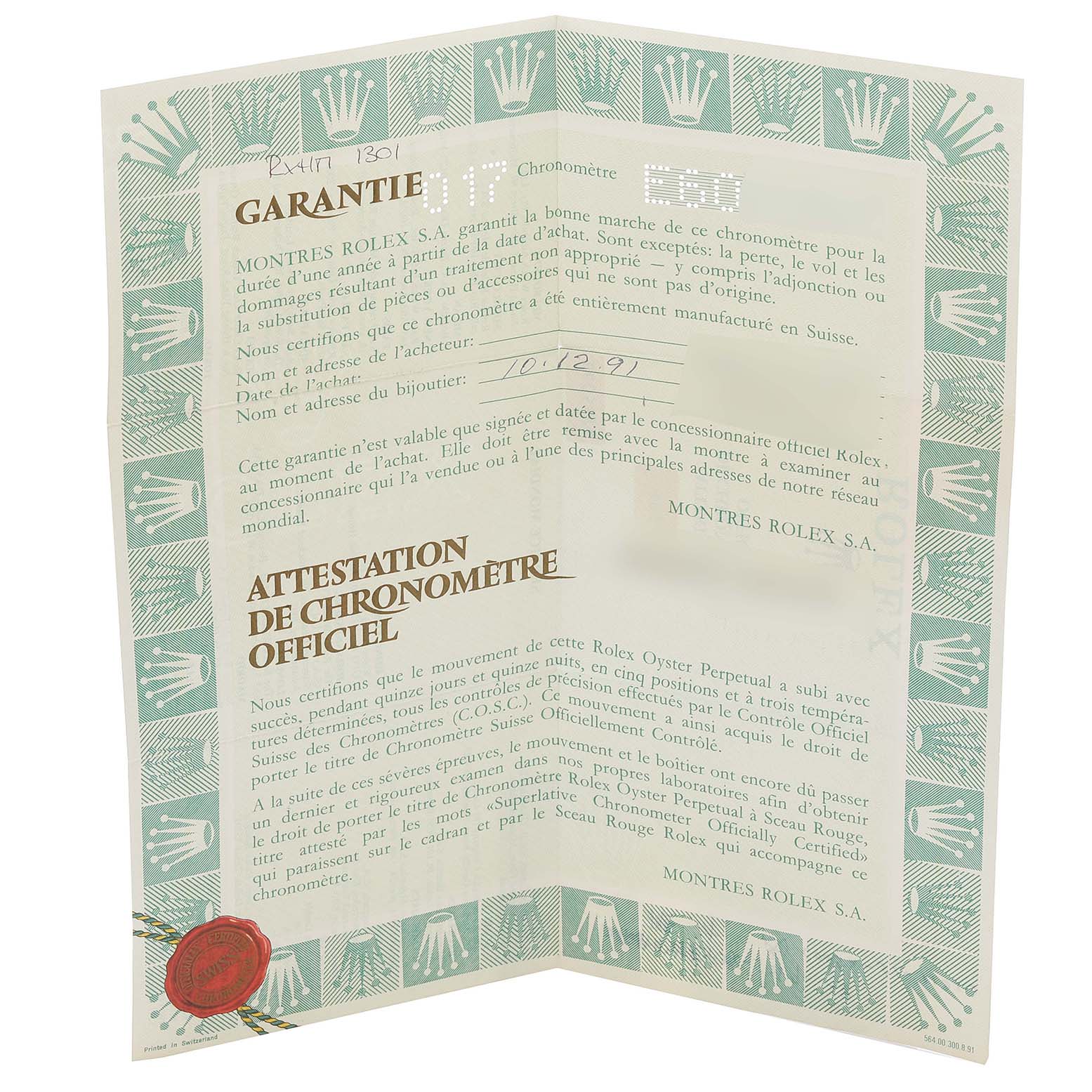 The image shows a warranty and certification document for a Mid-Size Rolex watch, highlighting text and brand logos.