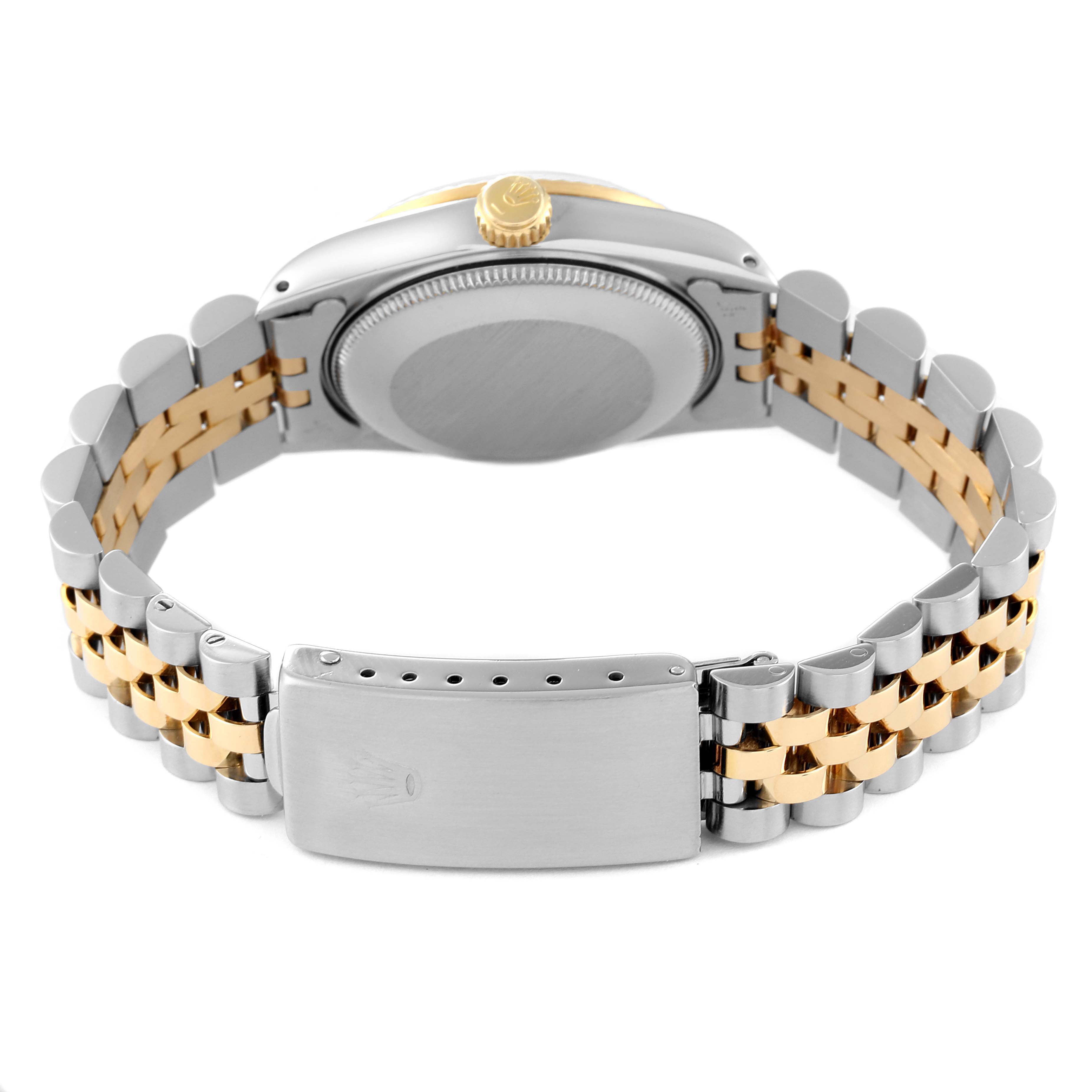 This image shows the back and clasp of a Mid-Size Rolex watch, highlighting the two-tone bracelet and case back.