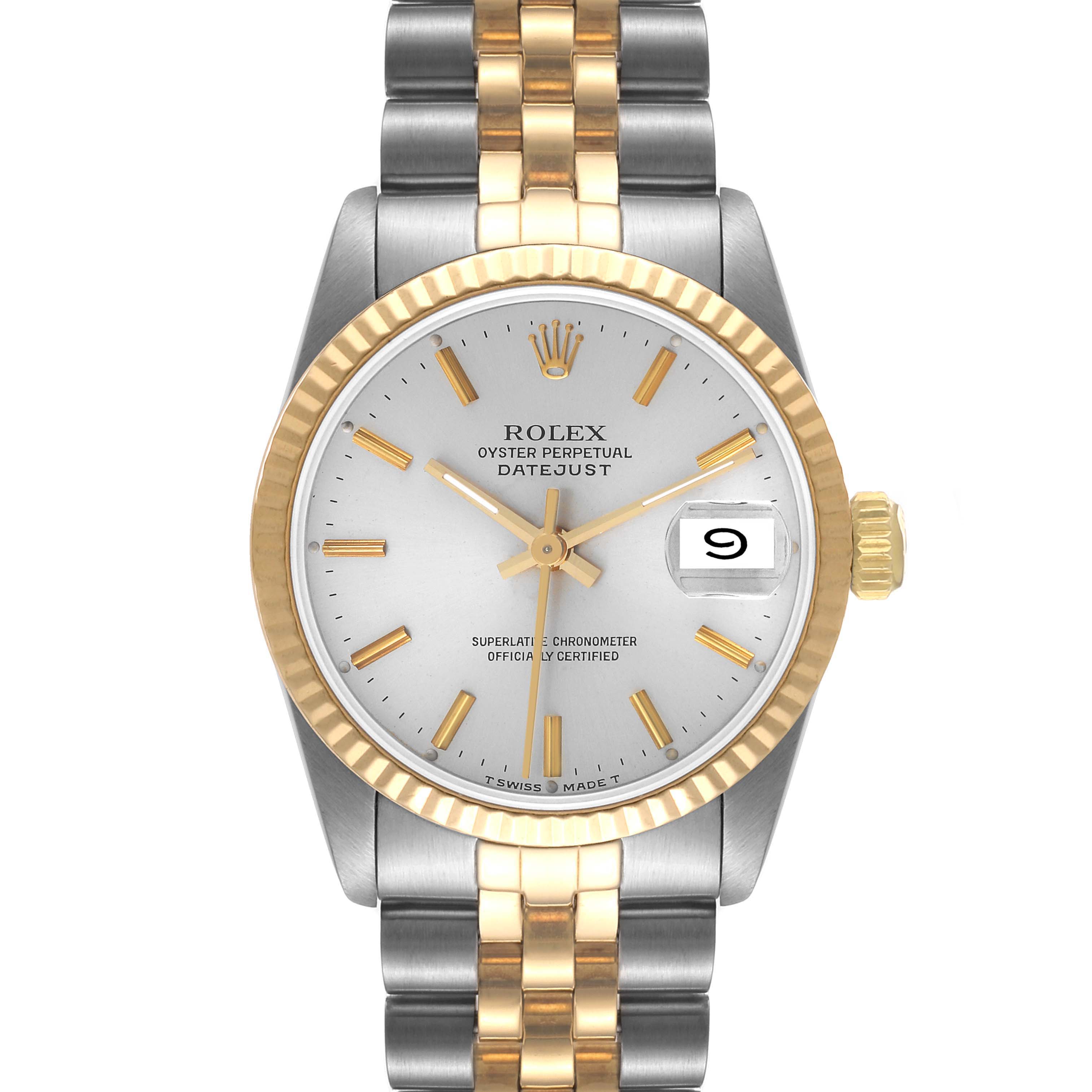 The image shows a frontal view of a Rolex Mid-Size 68273 Women's Steel and Gold (two tone) Silver Dial 68273 Women's Steel and Gold (two tone) Silver Dial Datejust watch, highlighting its dial, bezel, and bracelet.