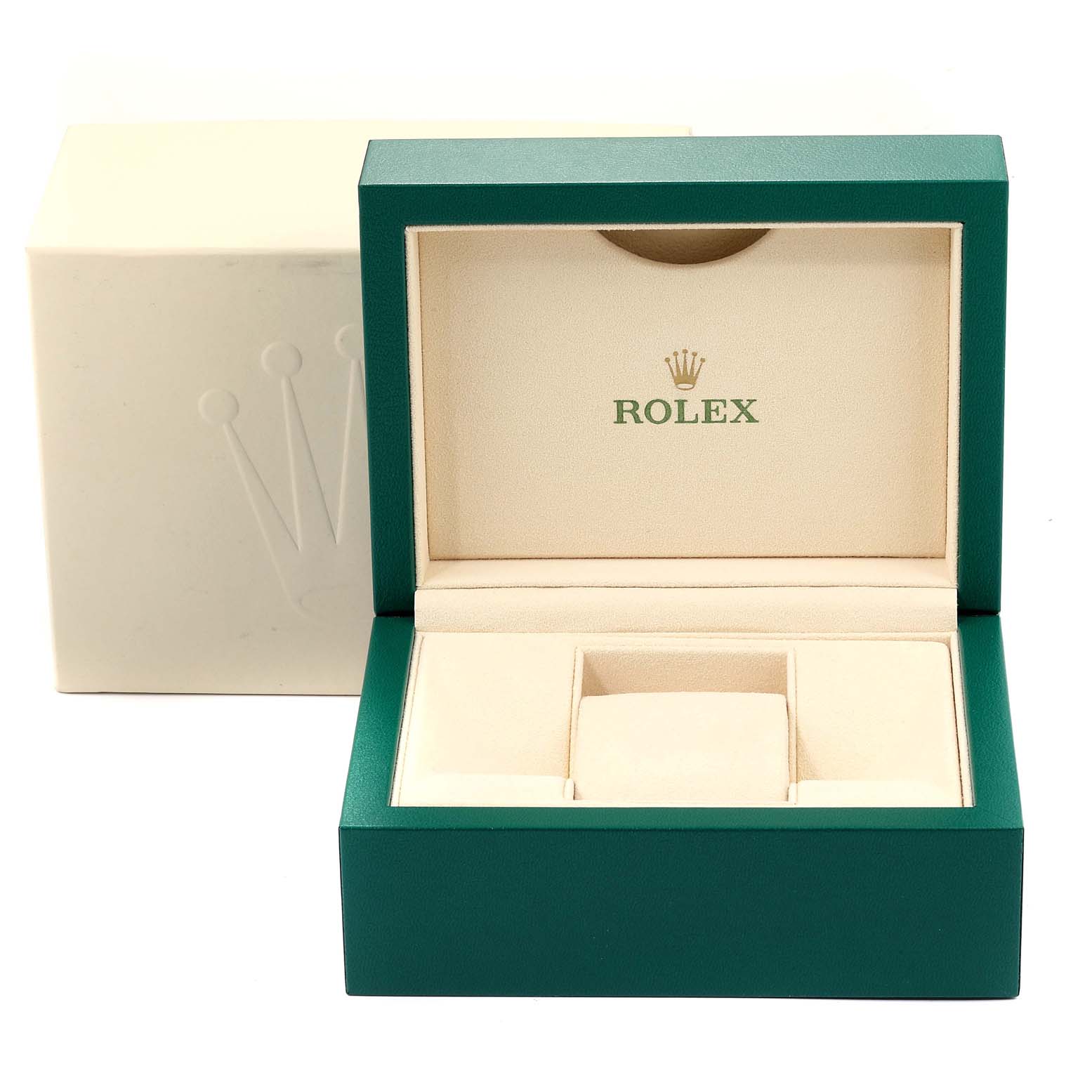 This image shows a green and beige Rolex watch box for a Mid-Size model, opened to display the interior compartments.