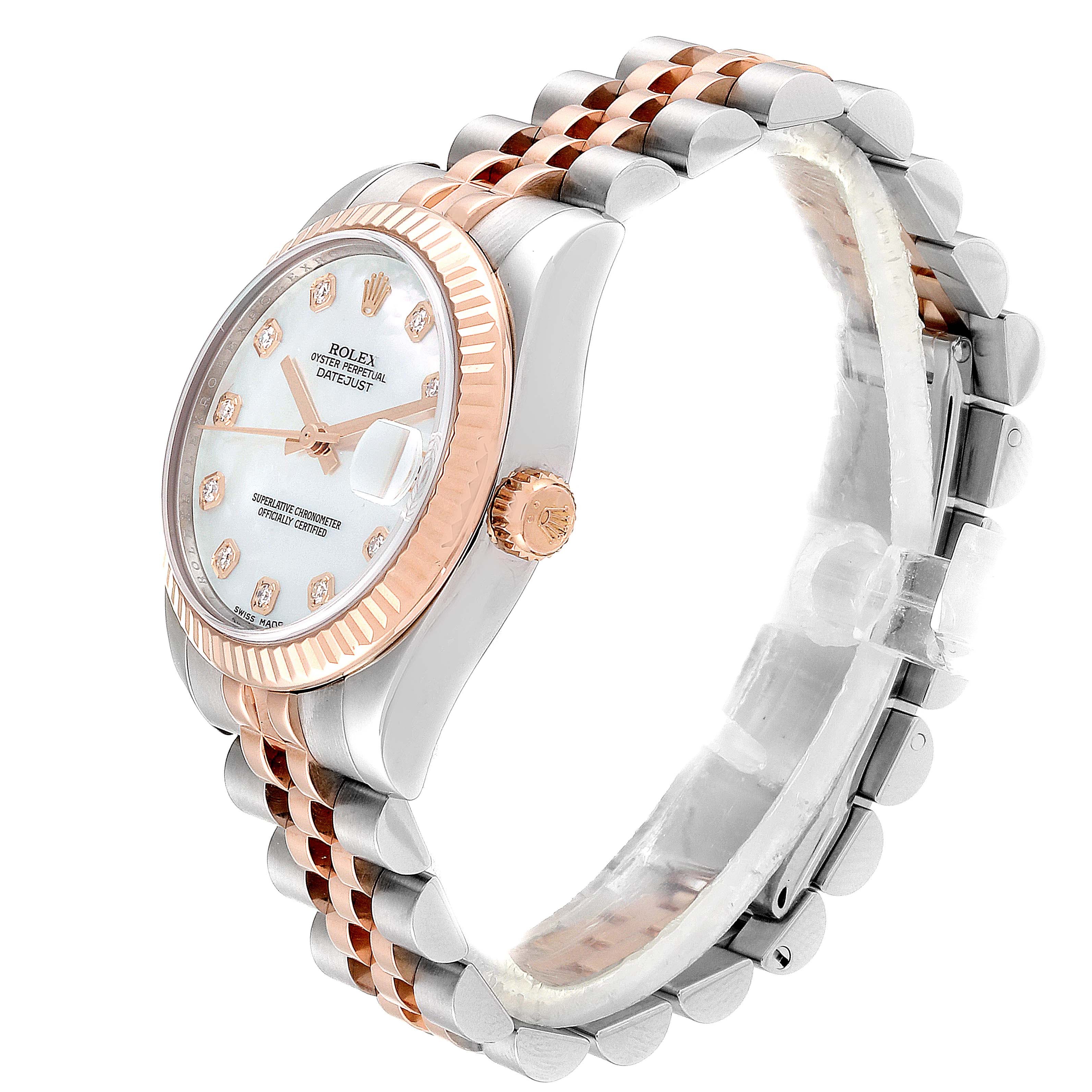 The image shows a Rolex Mid-Size 178271 Women
s Steel and Gold (two tone) Mother of Pearl Dial 178271 Women
s Steel and Gold (two tone) Mother of Pearl Dial Datejust watch from an angled side view, featuring its dial, fluted bezel, and two-tone bracelet.
