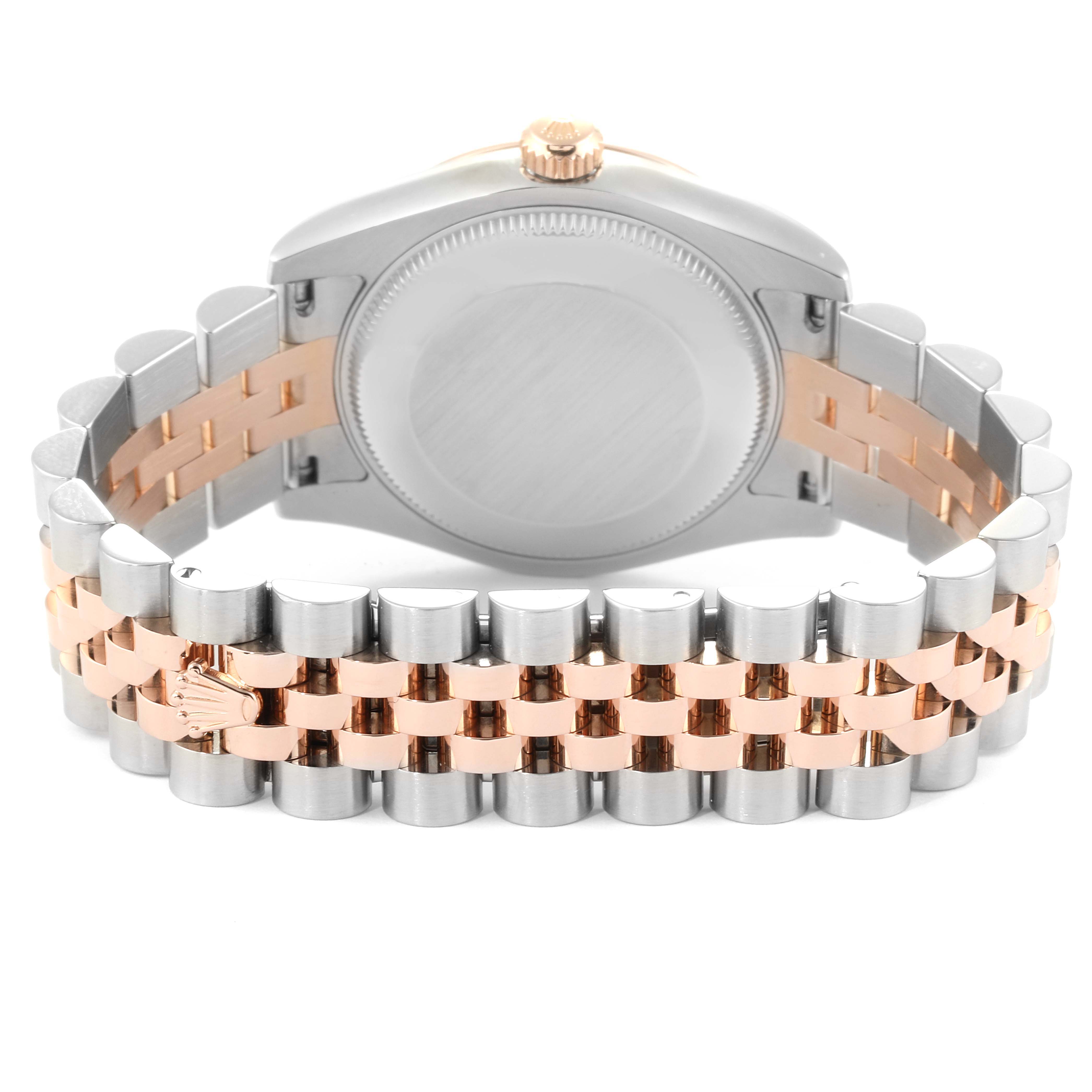 This image shows the back case and bracelet of the Rolex Mid-Size 178271 Women
s Steel and Gold (two tone) Mother of Pearl Dial 178271 Women
s Steel and Gold (two tone) Mother of Pearl Dial model, highlighting its two-tone metal design.