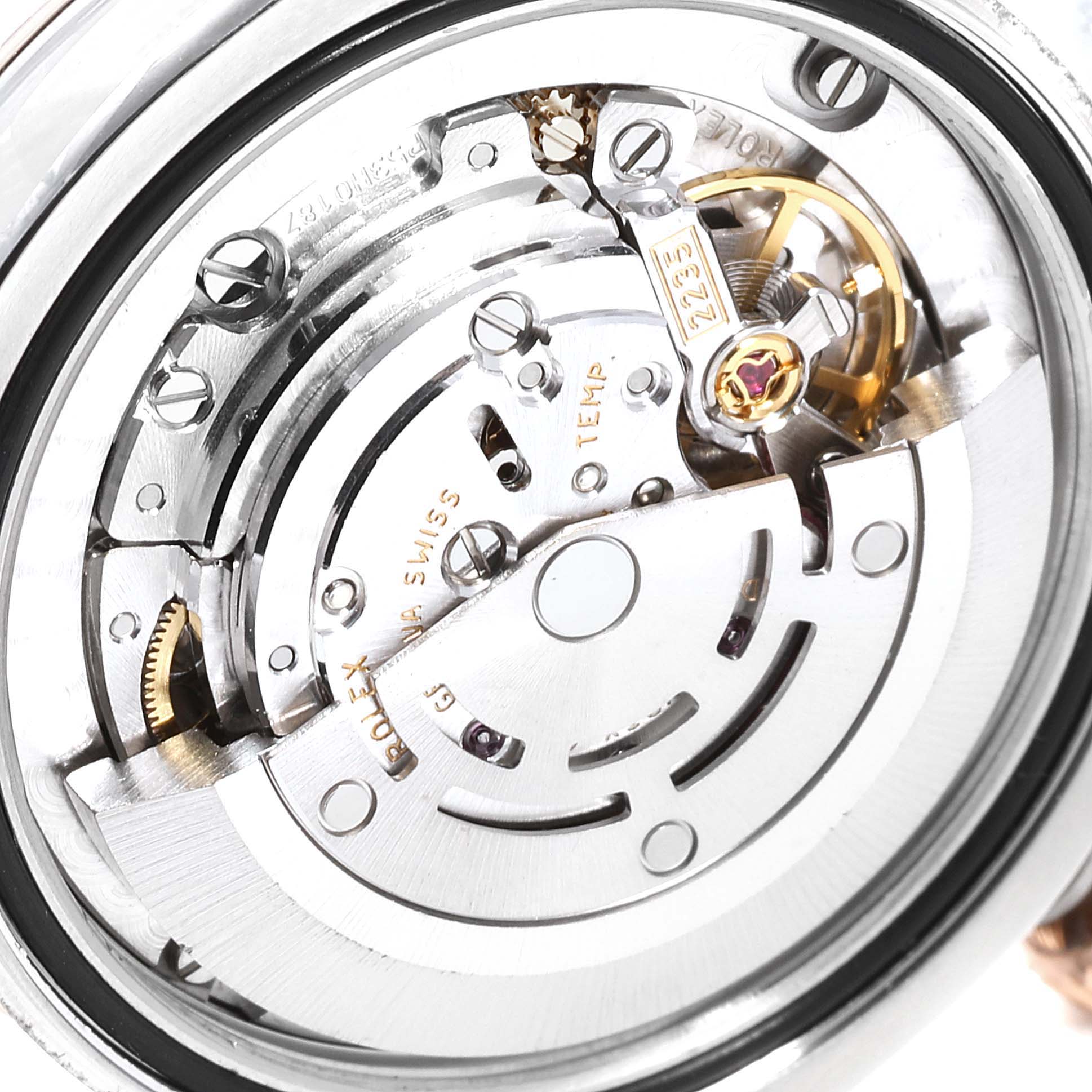 This image shows the internal movement mechanism of a Rolex Mid-Size 178271 Women
s Steel and Gold (two tone) Mother of Pearl Dial 178271 Women
s Steel and Gold (two tone) Mother of Pearl Dial watch.