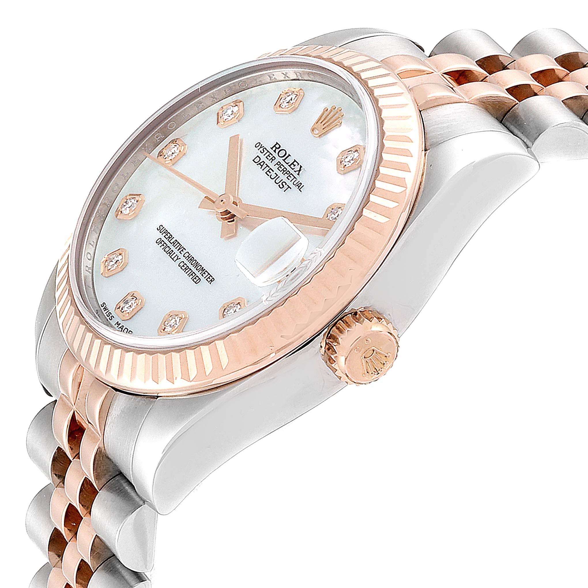 The image shows a side angle of the Rolex Mid-Size 178271 Women
s Steel and Gold (two tone) Mother of Pearl Dial 178271 Women
s Steel and Gold (two tone) Mother of Pearl Dial Datejust watch, focusing on the face, bezel, crown, and part of the bracelet.