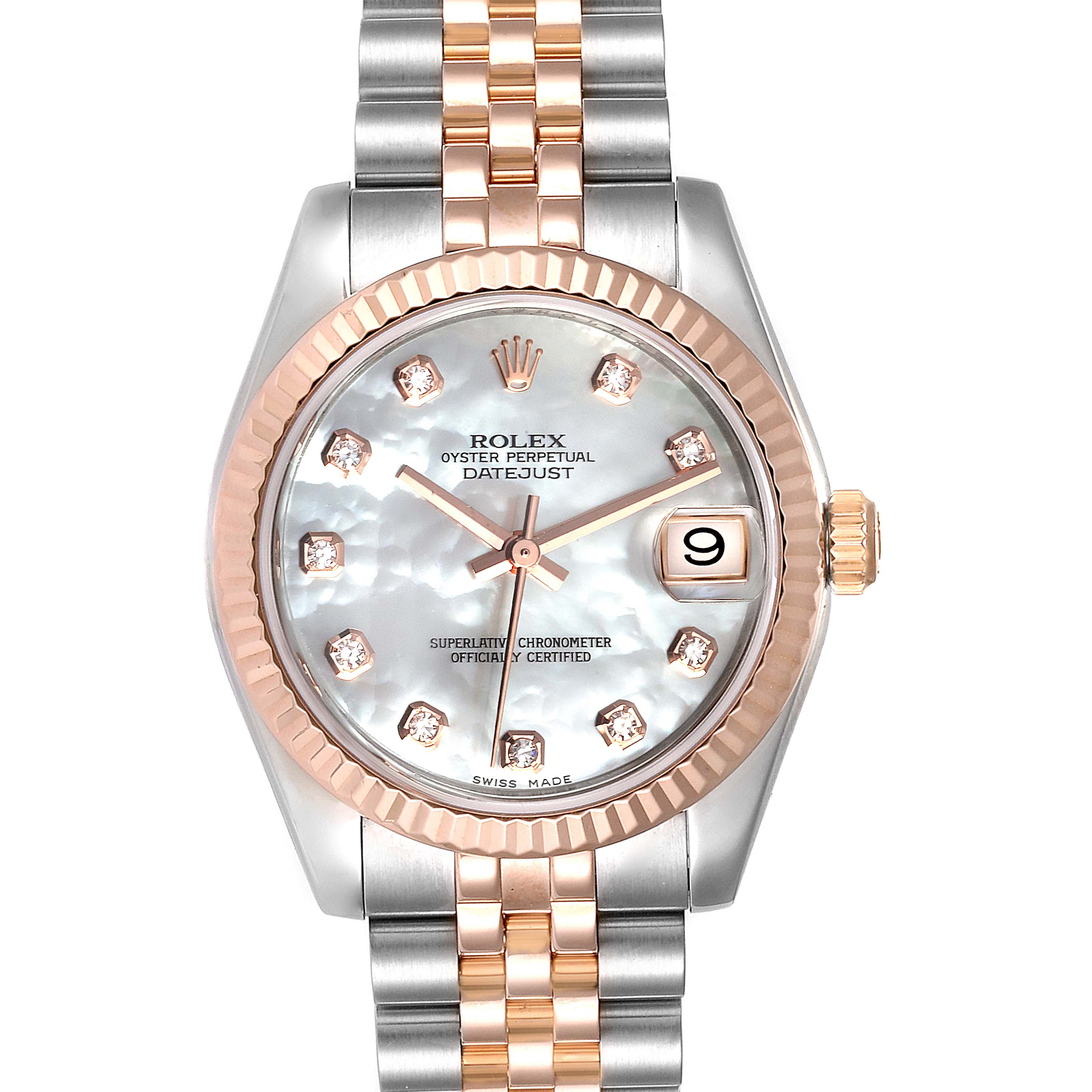 This is a front view of a Rolex Mid-Size 178271 Women
s Steel and Gold (two tone) Mother of Pearl Dial 178271 Women
s Steel and Gold (two tone) Mother of Pearl Dial Oyster Perpetual Datejust watch, featuring a two-tone bracelet and diamond hour markers.