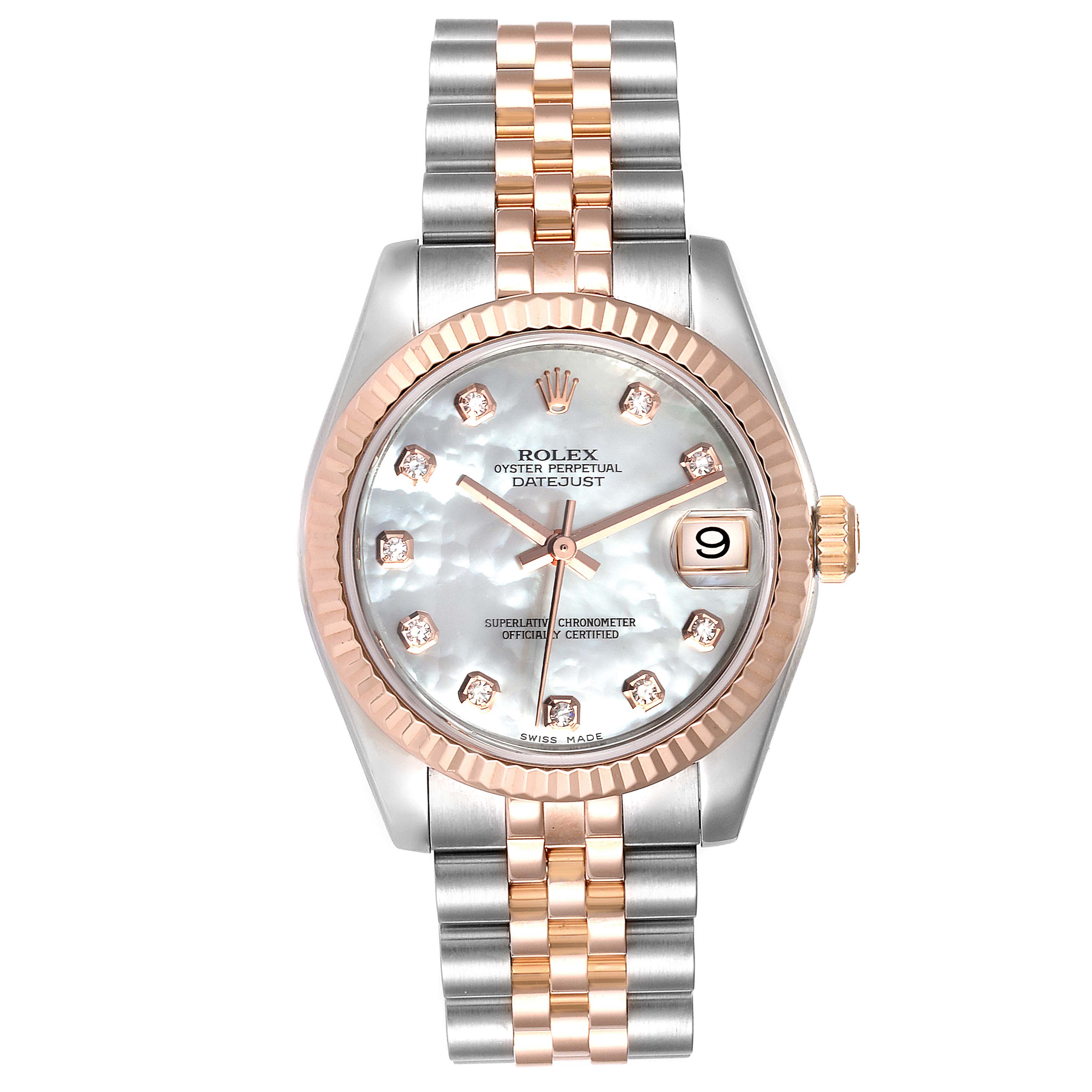 The watch is a Rolex Mid-Size 178271 Women
s Steel and Gold (two tone) Mother of Pearl Dial 178271 Women
s Steel and Gold (two tone) Mother of Pearl Dial Datejust, shown from a front angle, highlighting its dial, bezel, and bracelet.