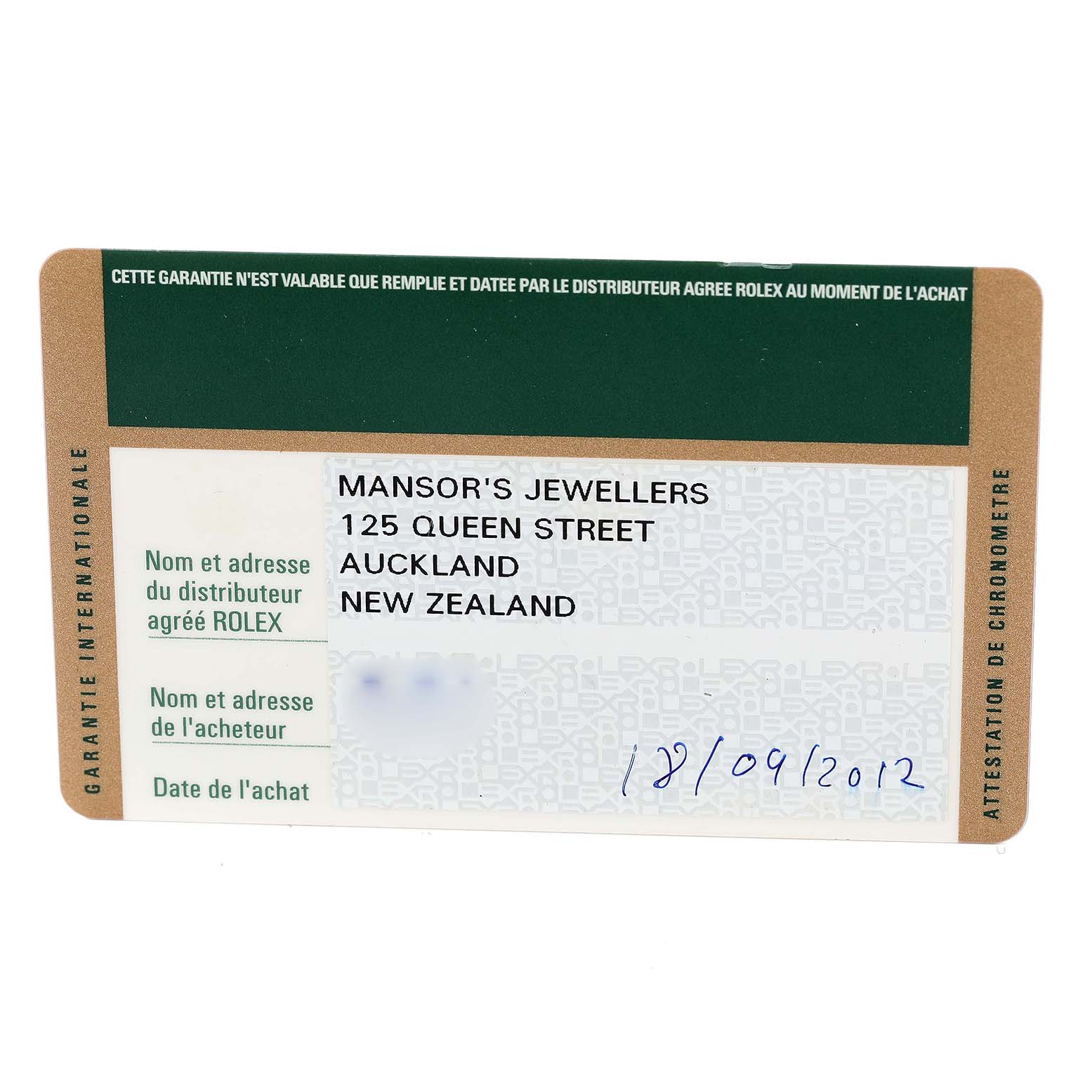 This image shows the warranty card for a Rolex Datejust 116244 Men's Stainless Steel Mother of Pearl Dial 116244 Men's Stainless Steel Mother of Pearl Dial model, featuring purchase details and dealer information.