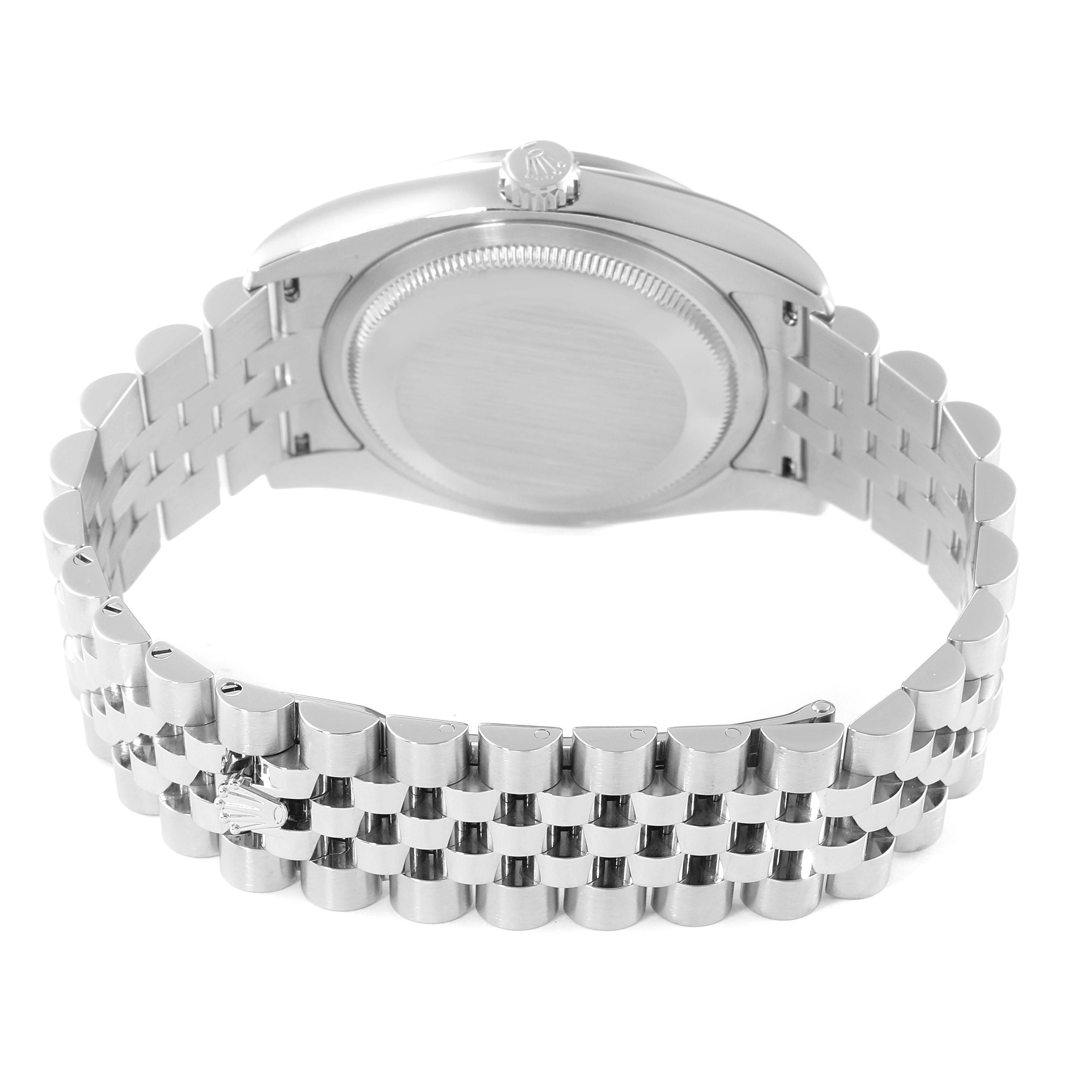 The image shows the back of a Rolex Datejust 116244 Men's Stainless Steel Mother of Pearl Dial 116244 Men's Stainless Steel Mother of Pearl Dial watch, highlighting its case back and bracelet.