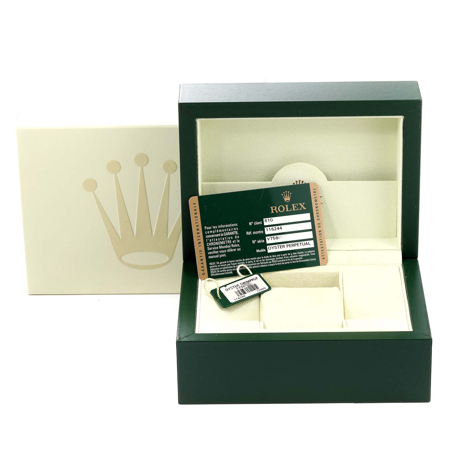 The image shows the green box, tag, and certificate card for the Rolex Datejust 116244 Men's Stainless Steel Mother of Pearl Dial 116244 Men's Stainless Steel Mother of Pearl Dial watch.