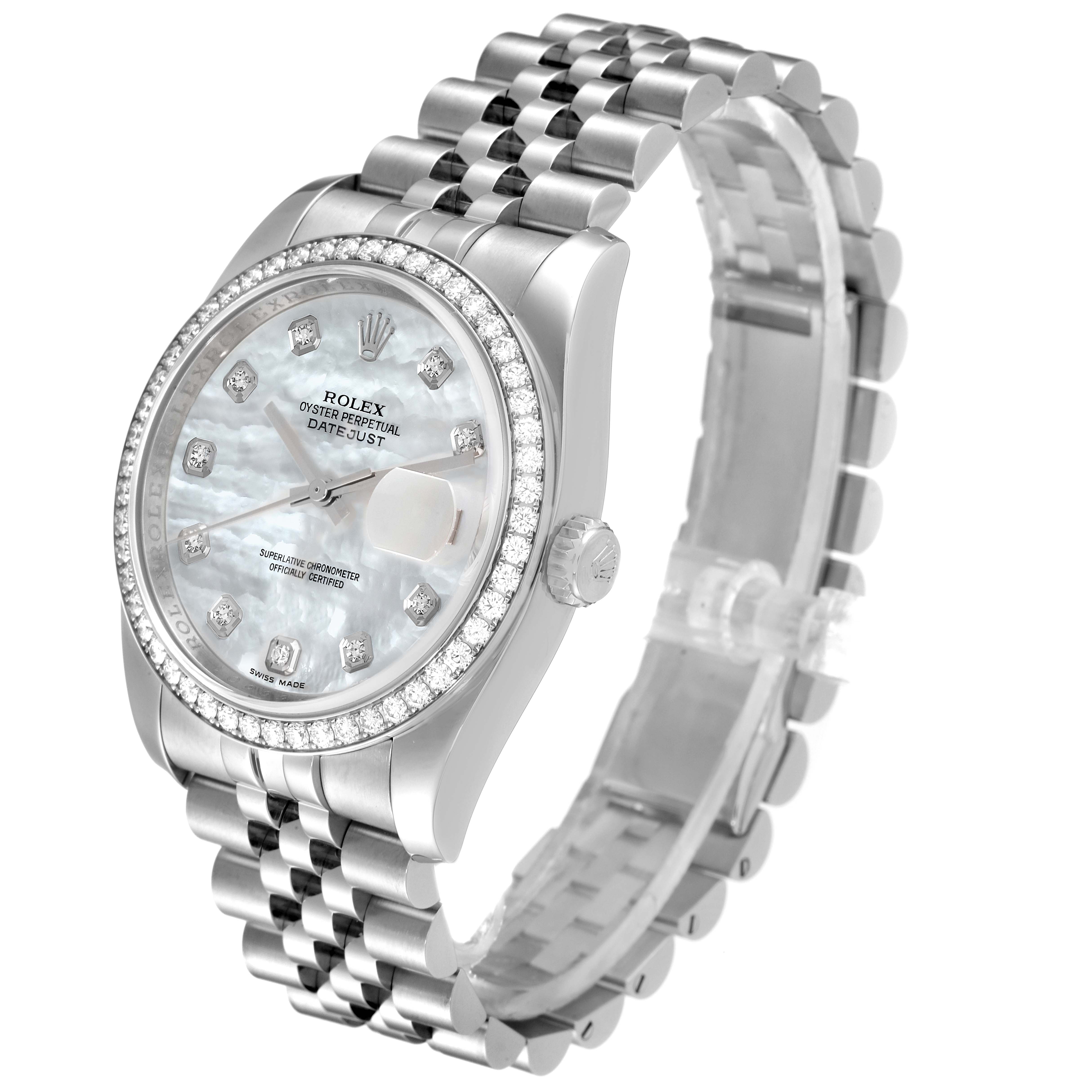 The image shows the Rolex Datejust 116244 Men's Stainless Steel Mother of Pearl Dial 116244 Men's Stainless Steel Mother of Pearl Dial watch at a slight angle, displaying the face, bezel, and part of the bracelet.