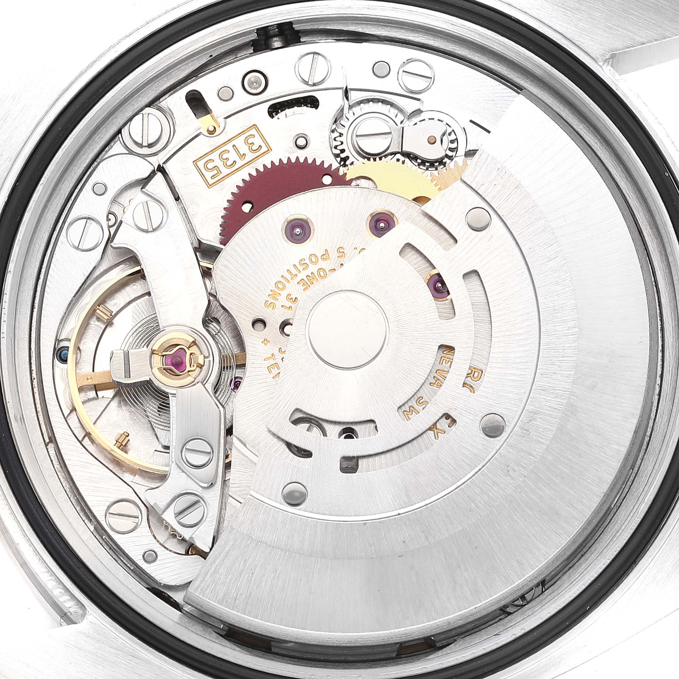 This image shows the internal mechanical movement of a Rolex Datejust 116244 Men's Stainless Steel Mother of Pearl Dial 116244 Men's Stainless Steel Mother of Pearl Dial watch from a top-down angle.