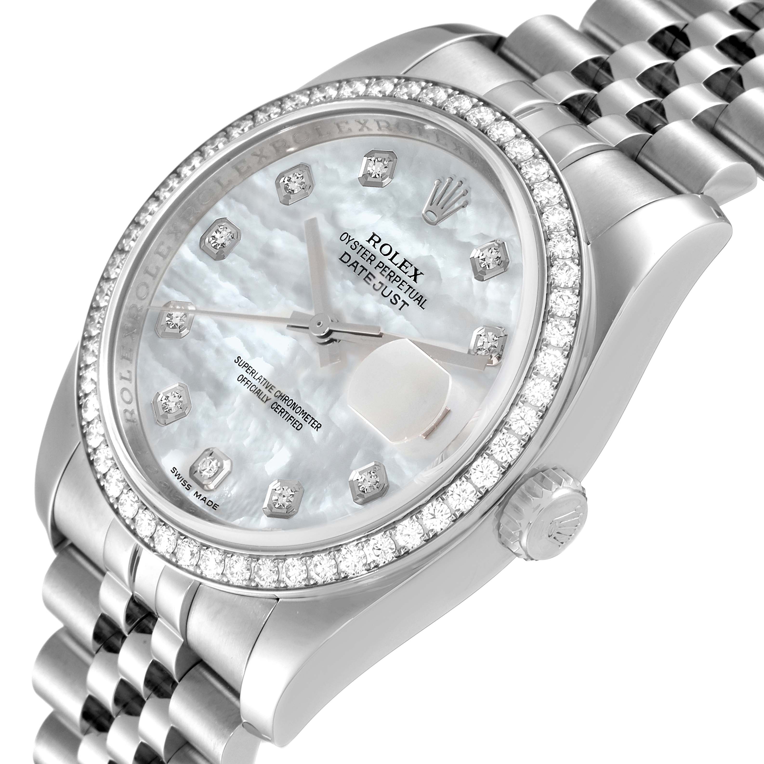 The image shows the Rolex Datejust 116244 Men's Stainless Steel Mother of Pearl Dial 116244 Men's Stainless Steel Mother of Pearl Dial watch from a side angle, highlighting the dial, bezel, and bracelet.