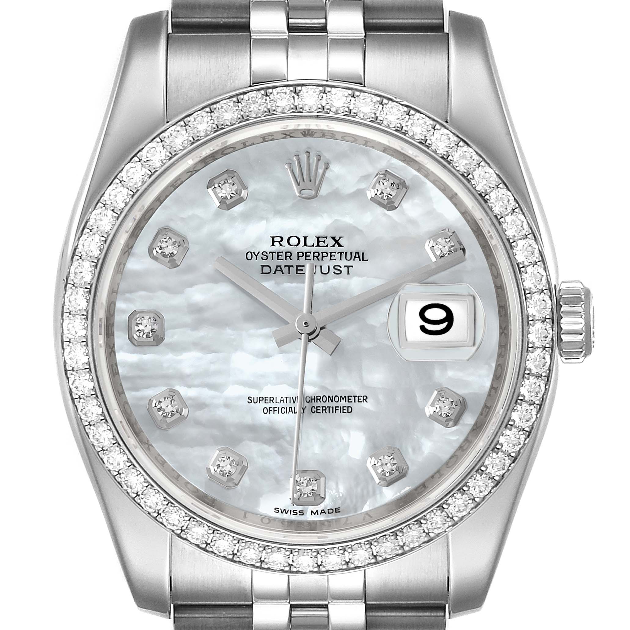The image shows a front view of a Rolex Datejust 116244 Men's Stainless Steel Mother of Pearl Dial 116244 Men's Stainless Steel Mother of Pearl Dial watch, highlighting the dial, bezel, and part of the bracelet.