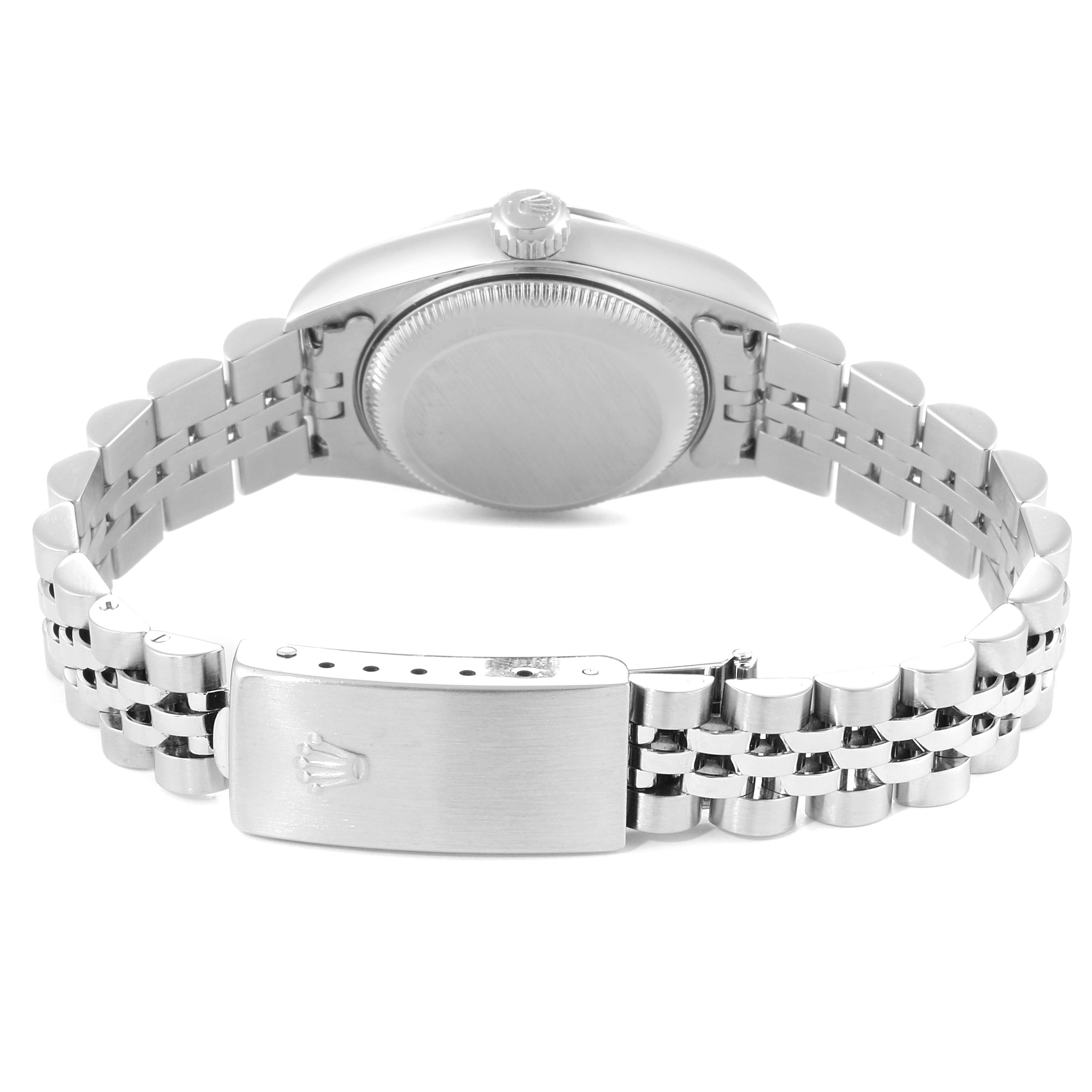 This image shows the back view of the Rolex Datejust 79174 Women
s Stainless Steel Mother of Pearl Dial 79174 Women
s Stainless Steel Mother of Pearl Dial watch, featuring its case, bracelet, and clasp.