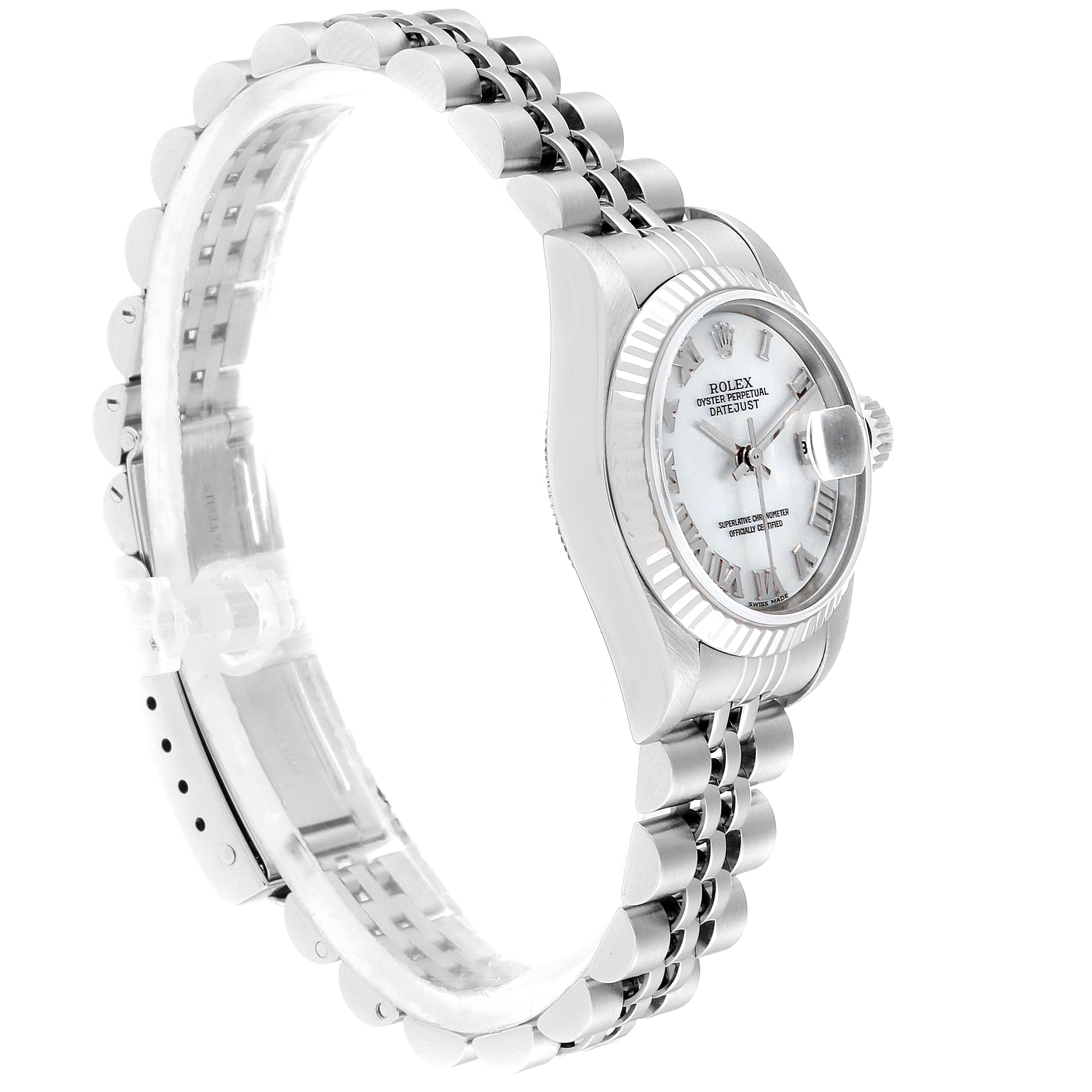 The Rolex Datejust 79174 Women
s Stainless Steel Mother of Pearl Dial 79174 Women
s Stainless Steel Mother of Pearl Dial watch is shown at an angle displaying the face and part of the bracelet.