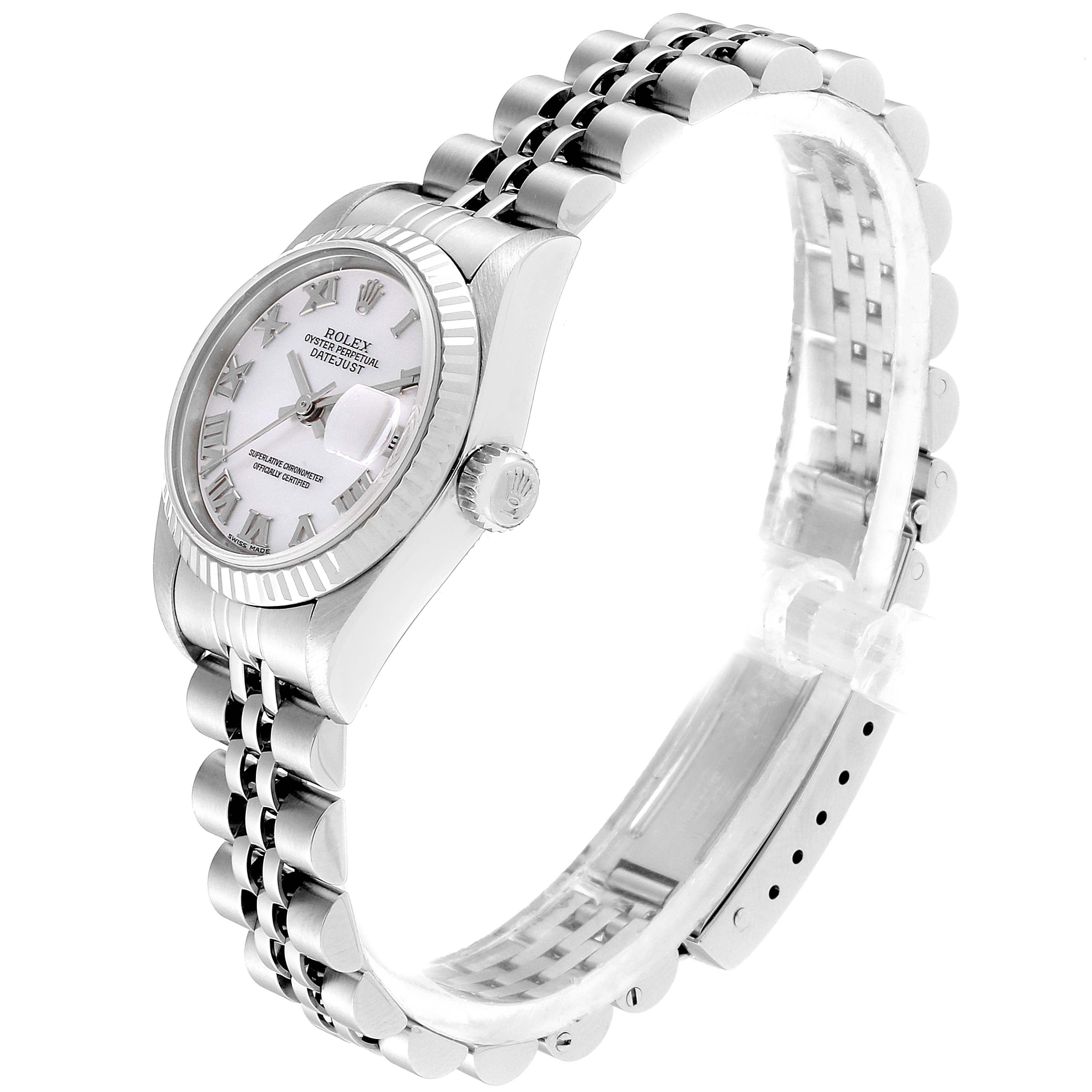 The image shows the Rolex Datejust 79174 Women
s Stainless Steel Mother of Pearl Dial 79174 Women
s Stainless Steel Mother of Pearl Dial watch at a slight side angle, highlighting its dial, bezel, crown, and bracelet.