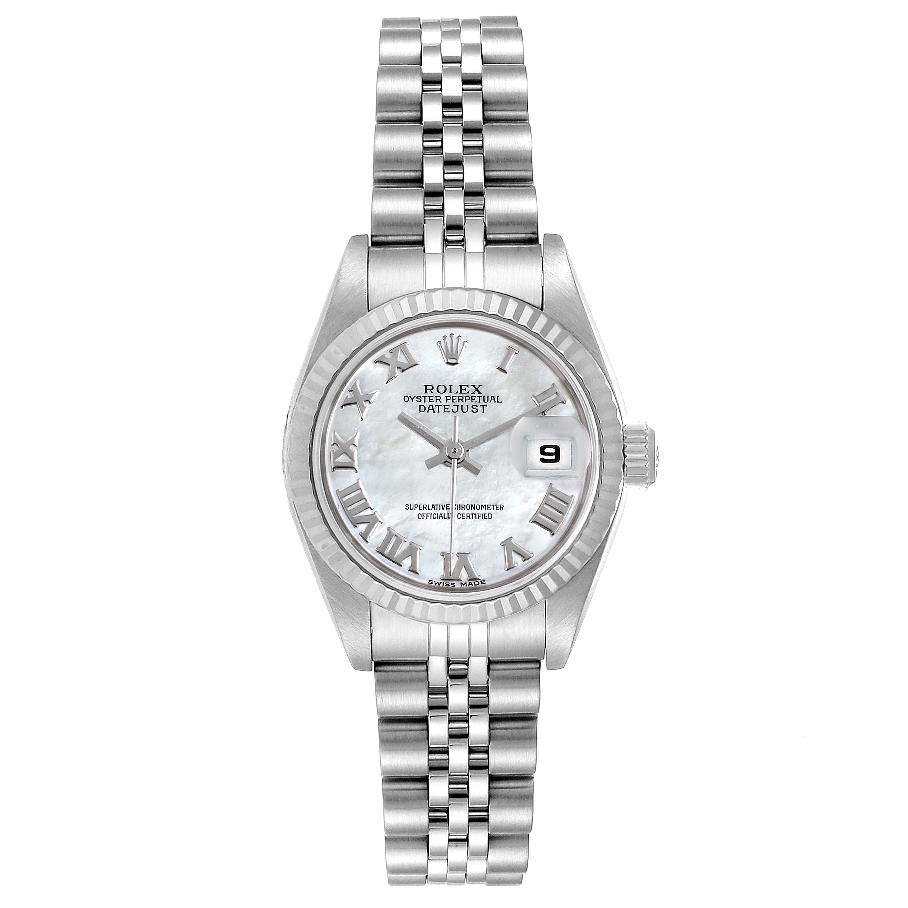 The image shows a front view of a Rolex Datejust 79174 Women
s Stainless Steel Mother of Pearl Dial 79174 Women
s Stainless Steel Mother of Pearl Dial watch, featuring its face, bezel, crown, and Jubilee bracelet.