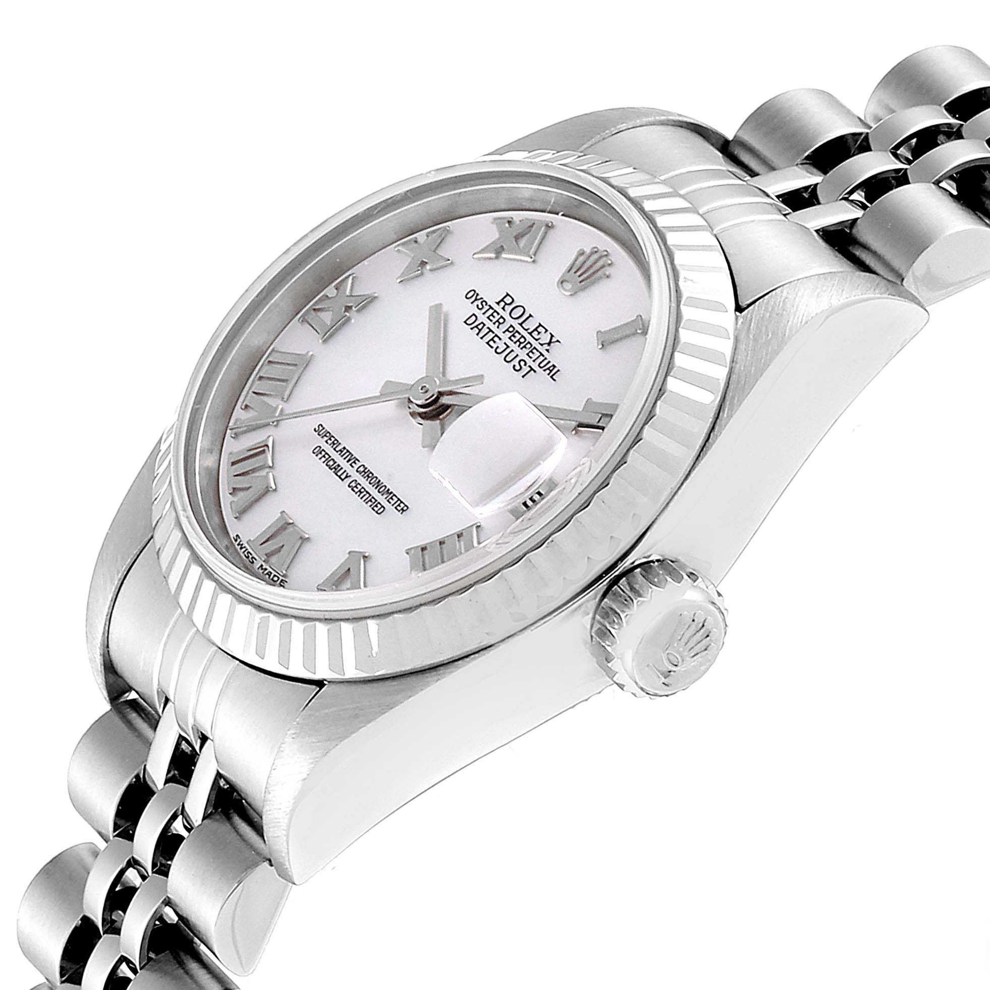 This image shows a Rolex Datejust 79174 Women
s Stainless Steel Mother of Pearl Dial 79174 Women
s Stainless Steel Mother of Pearl Dial watch at a 3/4 angle, highlighting the dial, fluted bezel, crown, and part of the bracelet.