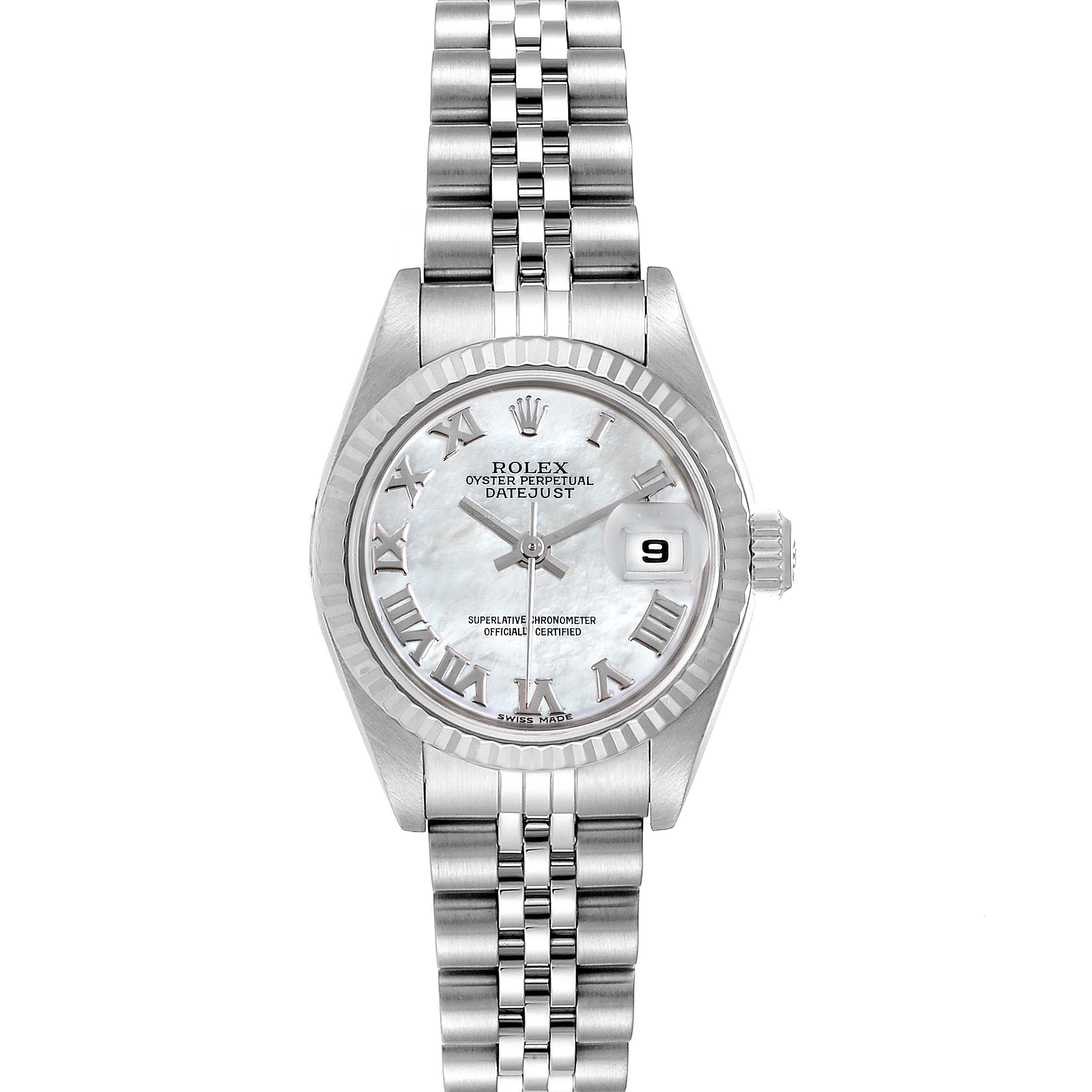 This is a front view of a Rolex Datejust 79174 Women
s Stainless Steel Mother of Pearl Dial 79174 Women
s Stainless Steel Mother of Pearl Dial watch showing the dial, bezel, bracelet, and date magnifier.