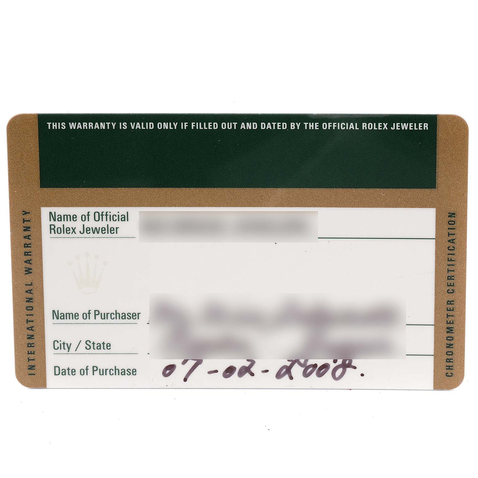 The image shows an International Warranty card for a Rolex Datejust 179160 Women's Stainless Steel Pink Dial 179160 Women's Stainless Steel Pink Dial watch.