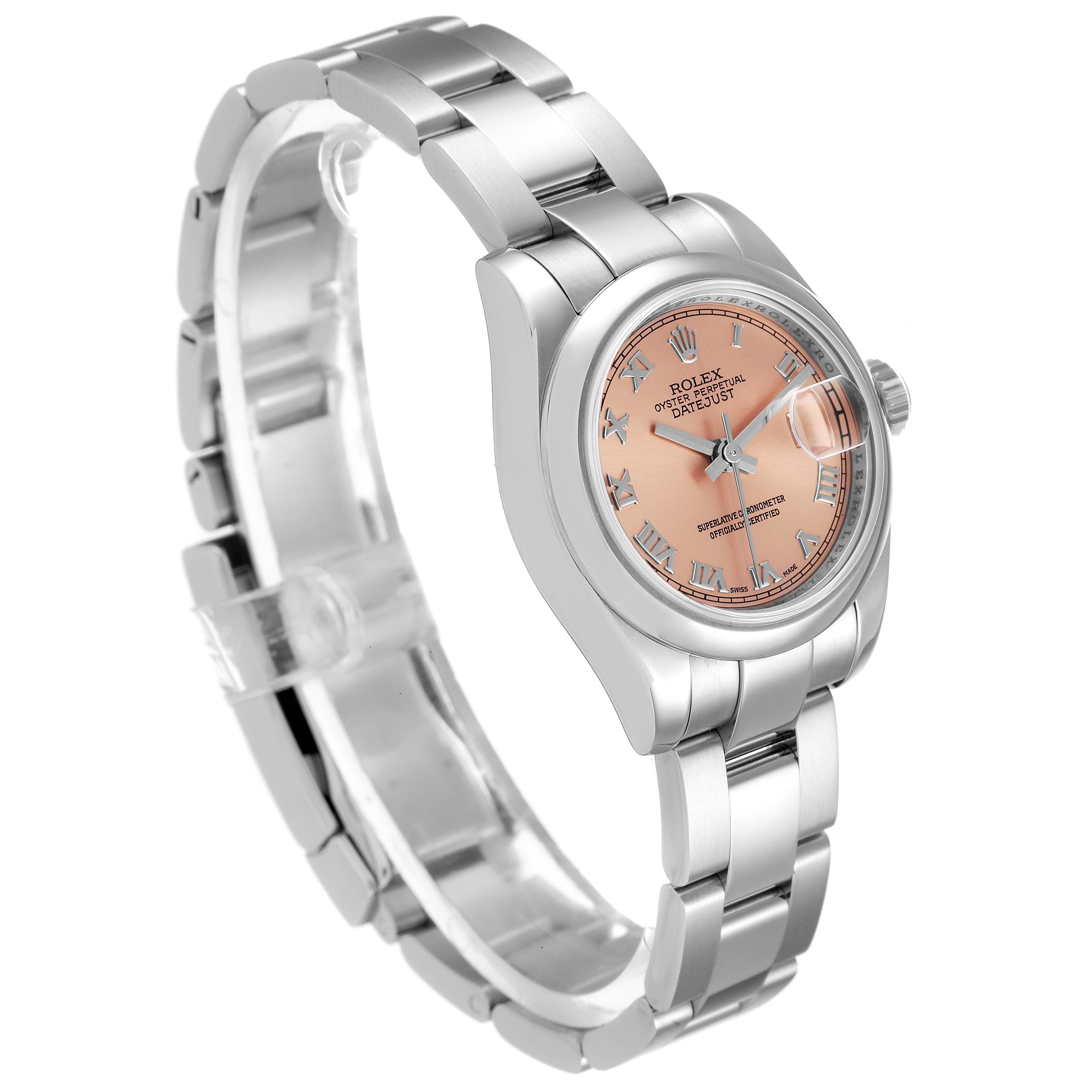 The image shows a Rolex Datejust 179160 Women's Stainless Steel Pink Dial 179160 Women's Stainless Steel Pink Dial watch at a three-quarter angle, displaying the bracelet, case, and dial with a date magnifier.