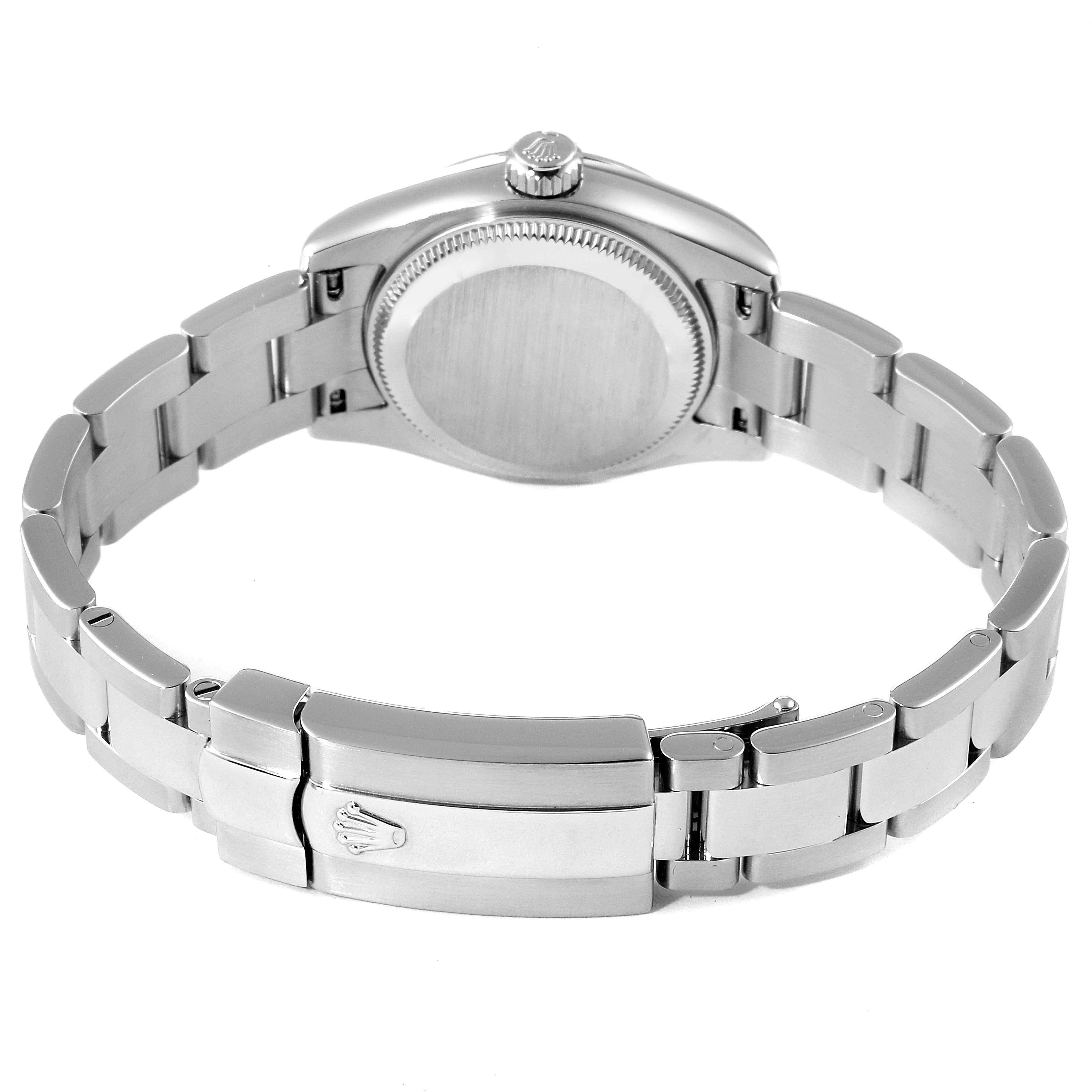 This image shows the back of the Rolex Datejust 179160 Women's Stainless Steel Pink Dial 179160 Women's Stainless Steel Pink Dial watch and its closed Oystersteel bracelet from a rear angle.