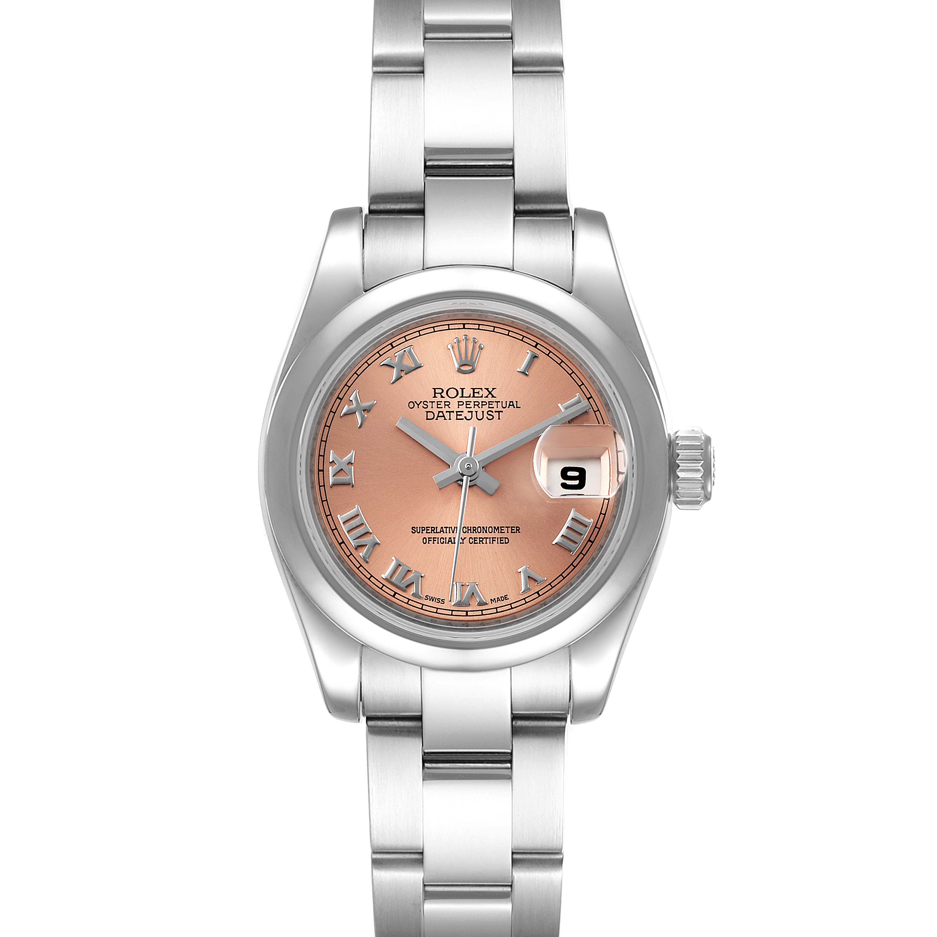 The Rolex Datejust 179160 Women's Stainless Steel Pink Dial 179160 Women's Stainless Steel Pink Dial watch is shown from a top-down angle, displaying its face, bracelet, and magnified date window.