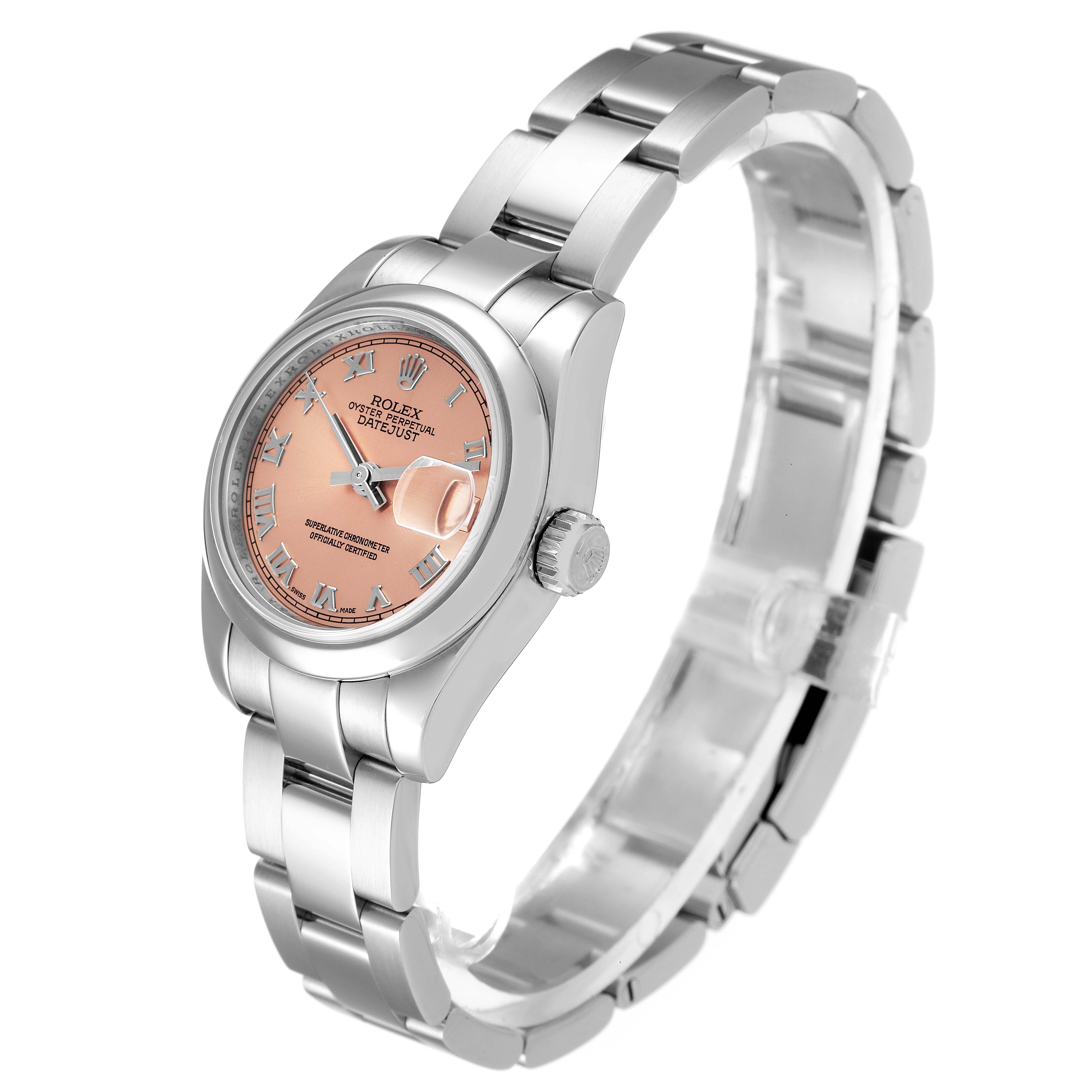 The image shows the Rolex Datejust 179160 Women's Stainless Steel Pink Dial 179160 Women's Stainless Steel Pink Dial watch at a three-quarter angle, highlighting the watch face, case, and bracelet.