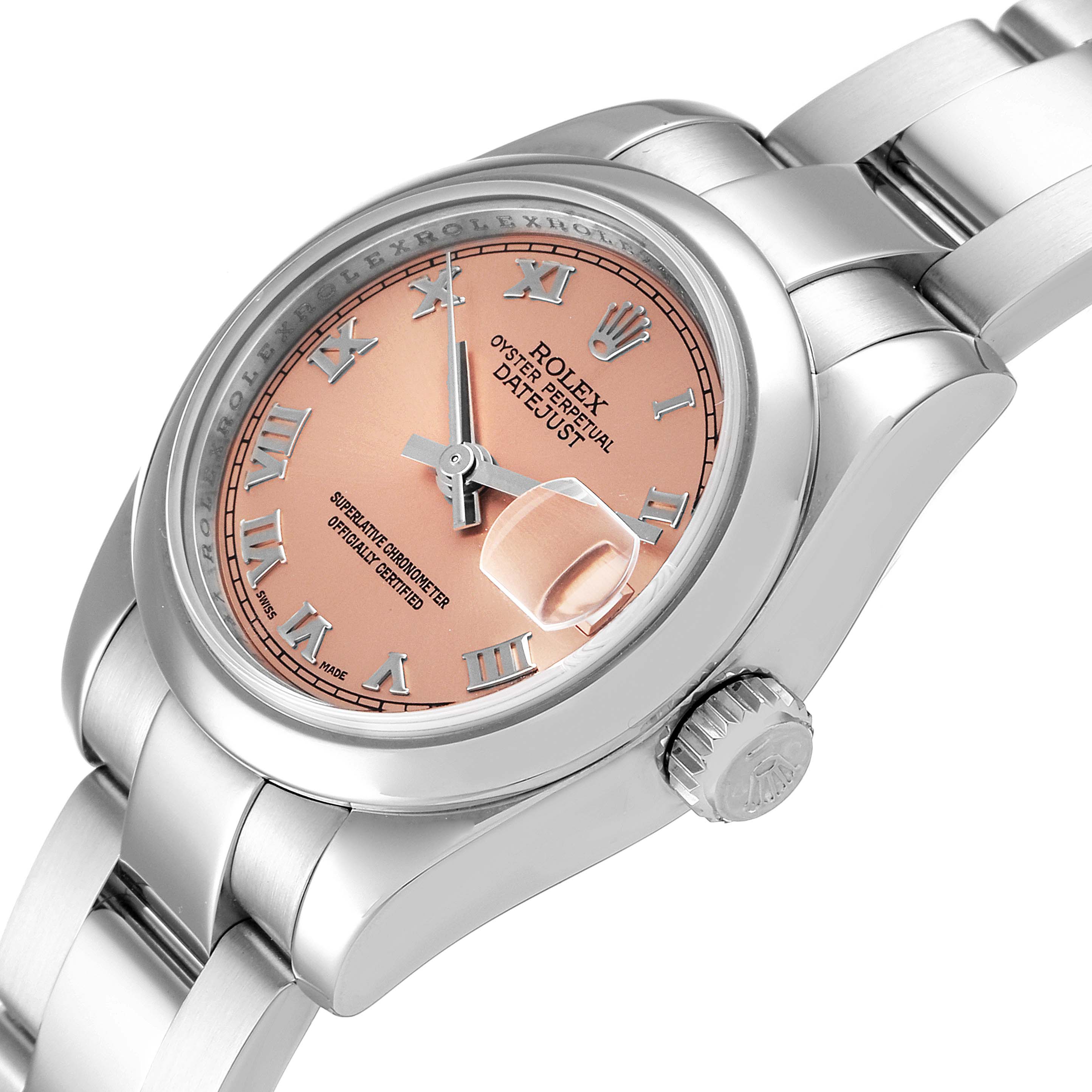 The image shows a close-up angle of the Rolex Datejust 179160 Women's Stainless Steel Pink Dial 179160 Women's Stainless Steel Pink Dial watch, highlighting the dial, bezel, bracelet, and crown.