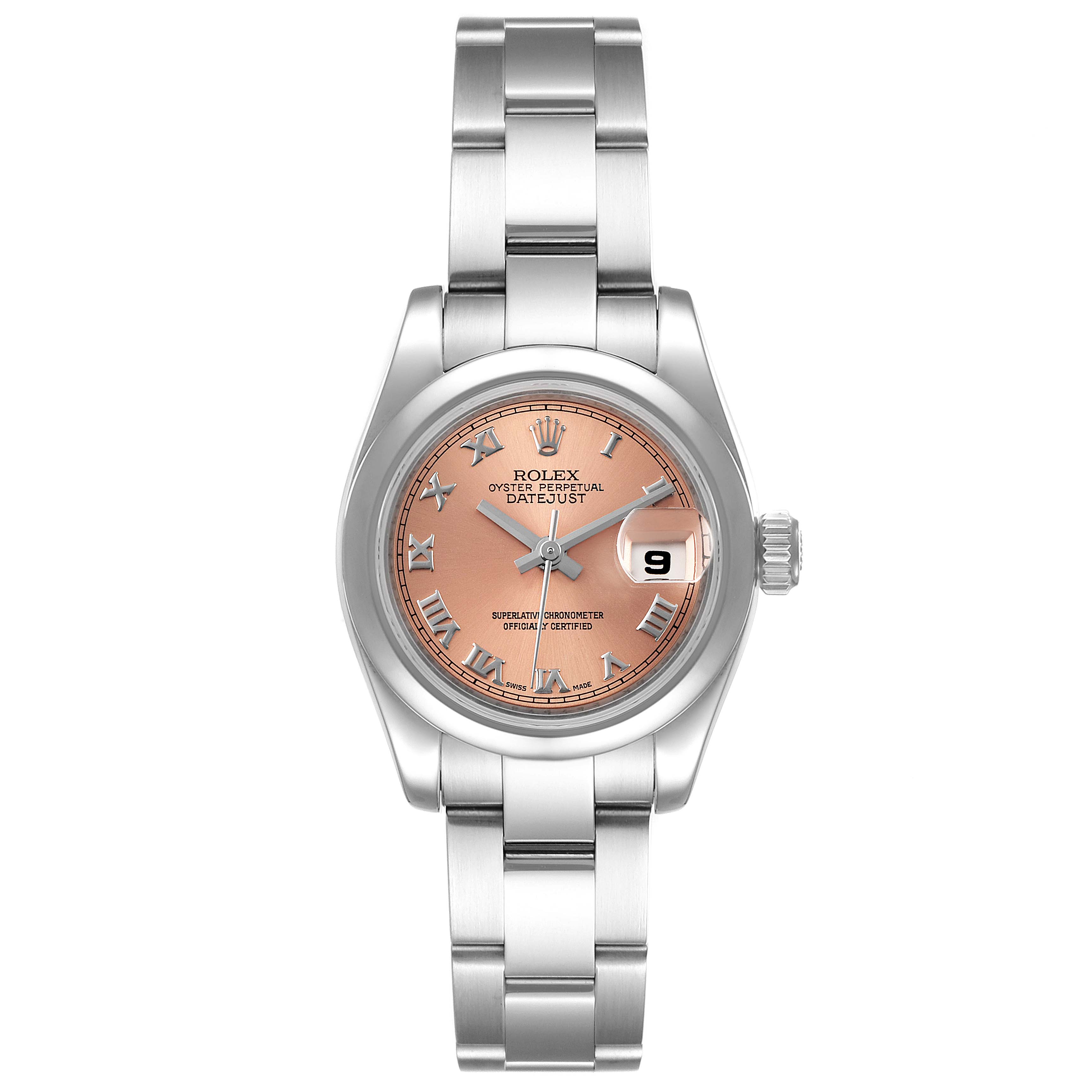 The image shows a front view of the Rolex Datejust 179160 Women's Stainless Steel Pink Dial 179160 Women's Stainless Steel Pink Dial watch, displaying the face, bezel, crown, and part of the bracelet.