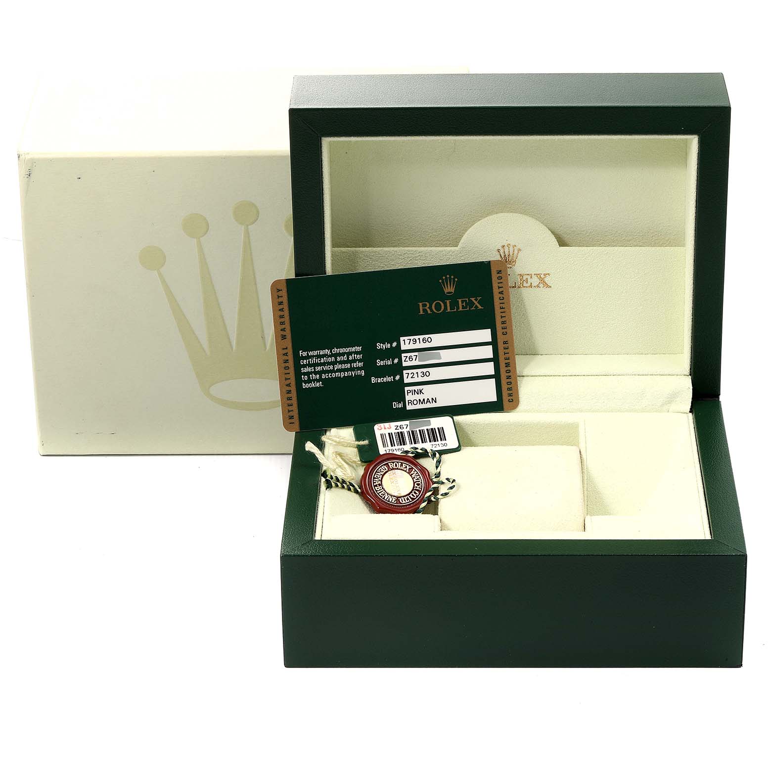 This image shows a Rolex Datejust 179160 Women's Stainless Steel Pink Dial 179160 Women's Stainless Steel Pink Dial's open box, hang tag, and certification card from a frontal angle.