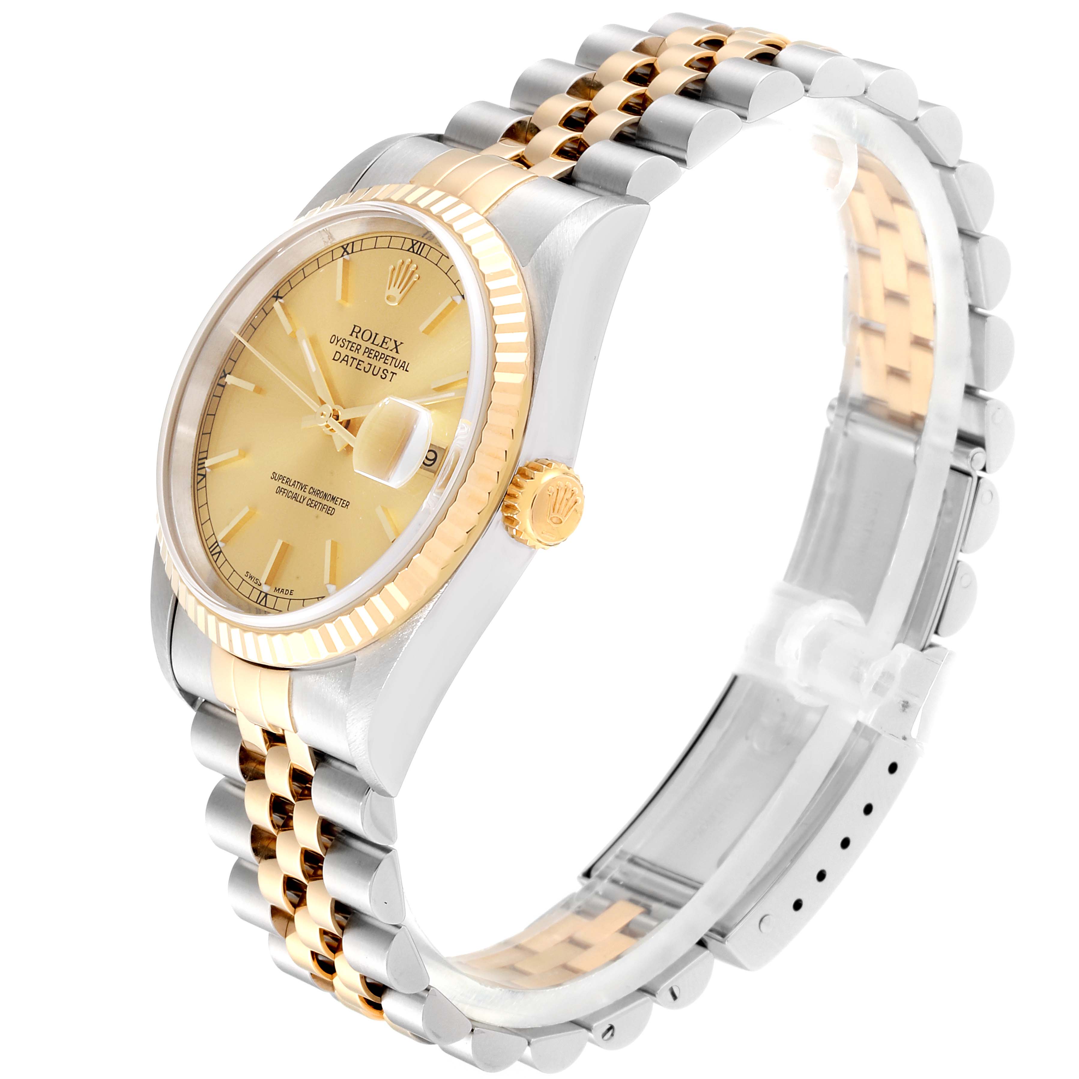 This image shows a side angle of the Rolex Datejust 16233 Men
s Steel and Gold (two tone) Champagne Dial 16233 Men
s Steel and Gold (two tone) Champagne Dial watch, highlighting its gold and silver bracelet and the gold bezel.