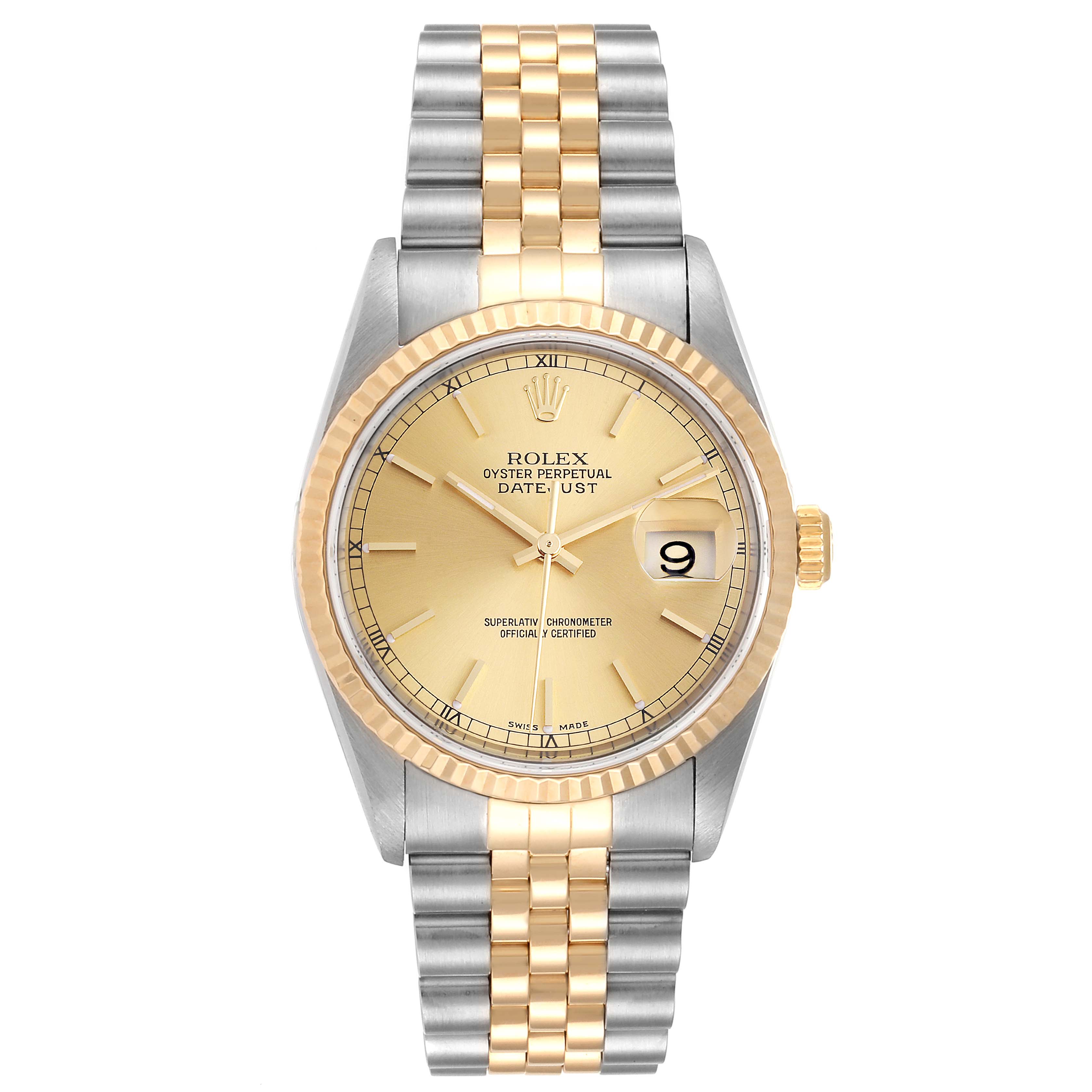 The Rolex Datejust 16233 Men
s Steel and Gold (two tone) Champagne Dial 16233 Men
s Steel and Gold (two tone) Champagne Dial watch is shown from a front angle, displaying its face, bezel, case, and two-tone bracelet.