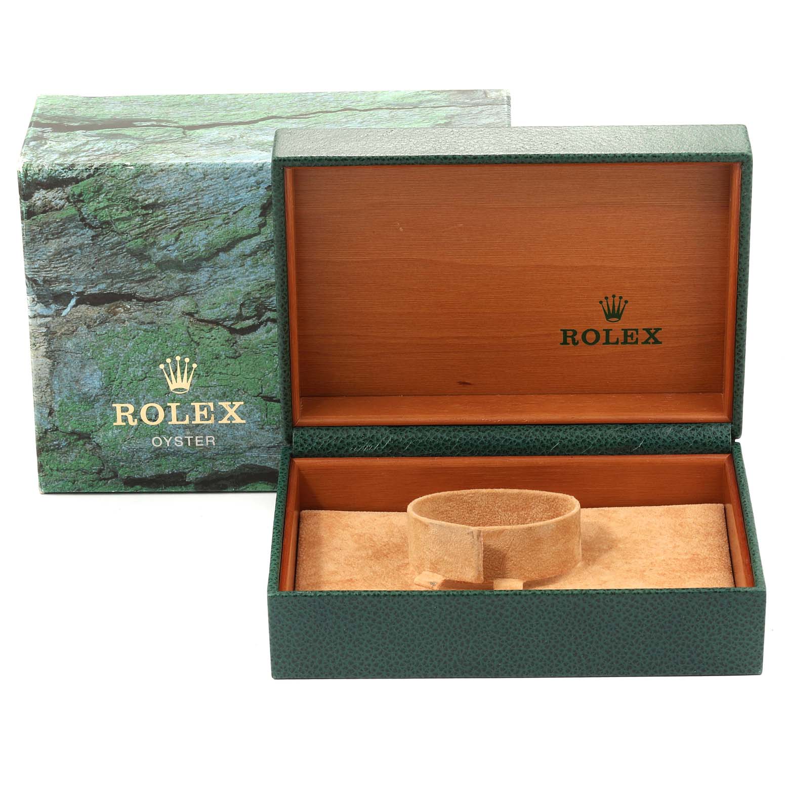 The image shows a Rolex Datejust 16233 Men
s Steel and Gold (two tone) Champagne Dial 16233 Men
s Steel and Gold (two tone) Champagne Dial watch box from an eye-level angle, featuring the outer box, inner box, and watch cushion.