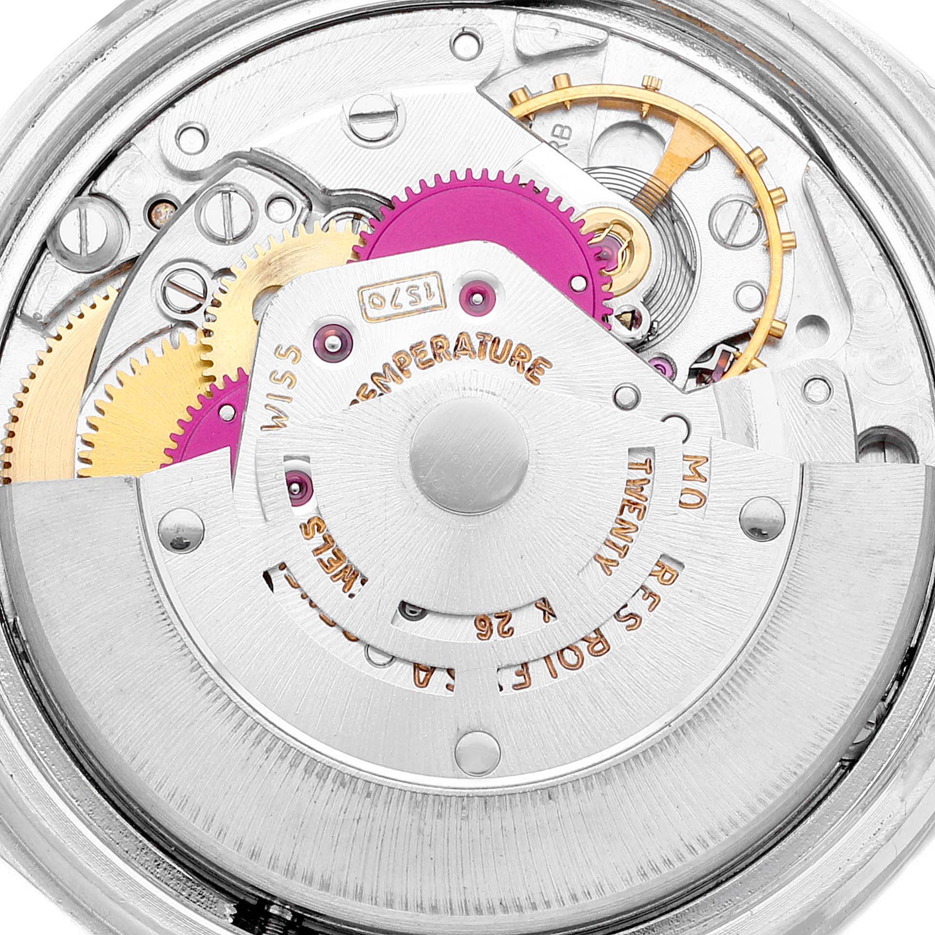 This image shows the intricate internal movement and components of a Rolex Datejust 1601 Men
s Stainless Steel Black Dial 1601 Men
s Stainless Steel Black Dial watch from a close-up angle.