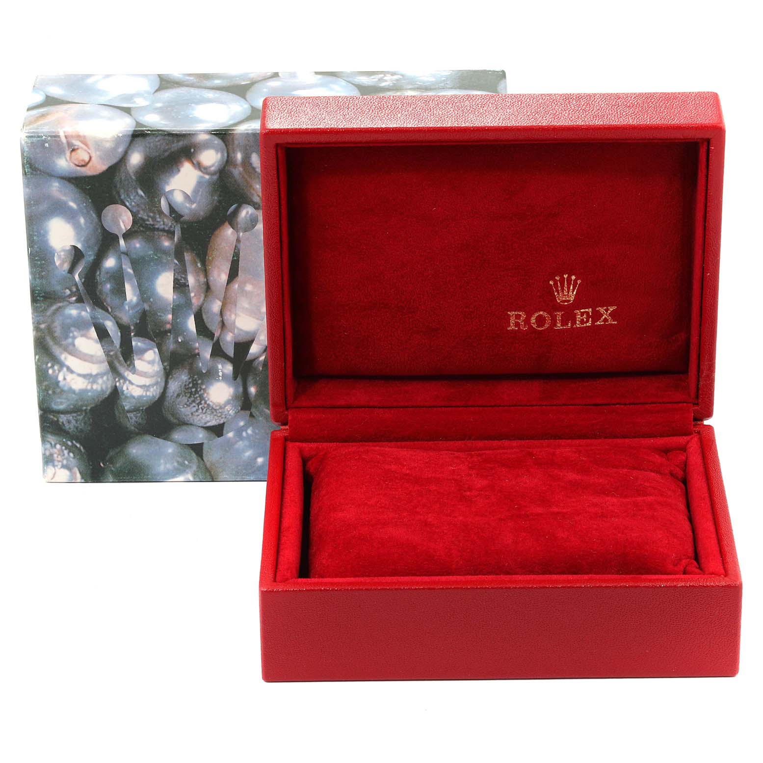 The image shows an open red Rolex Datejust 69174 Women
s Stainless Steel Silver Dial 69174 Women
s Stainless Steel Silver Dial watch box with its outer packaging.