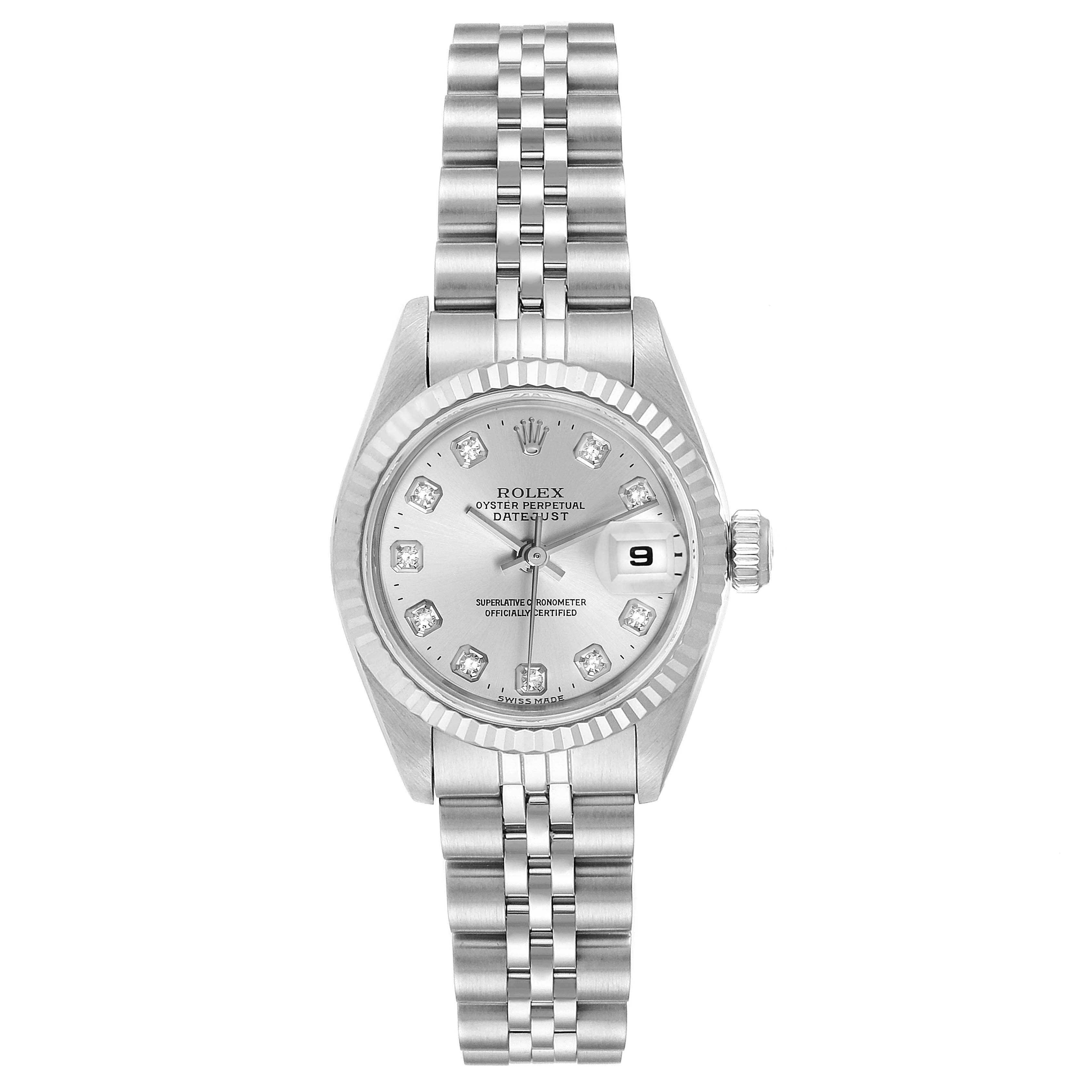 This image shows a front view of the Rolex Datejust 69174 Women
s Stainless Steel Silver Dial 69174 Women
s Stainless Steel Silver Dial watch, highlighting the dial, bracelet, and date window.