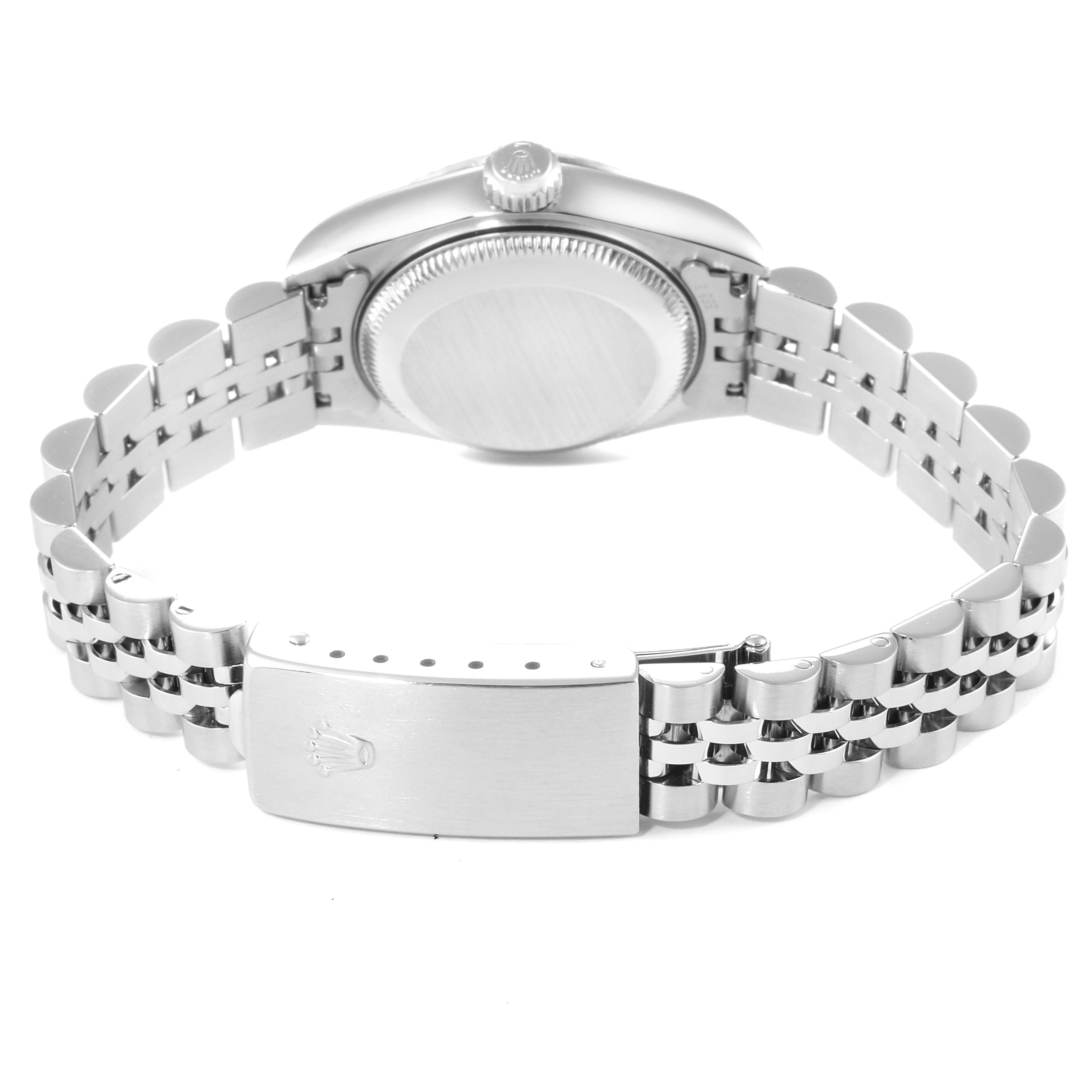 The image shows the back side and clasp of the Rolex Datejust 69174 Women
s Stainless Steel Silver Dial 69174 Women
s Stainless Steel Silver Dial watch, emphasizing its case back and Jubilee bracelet.