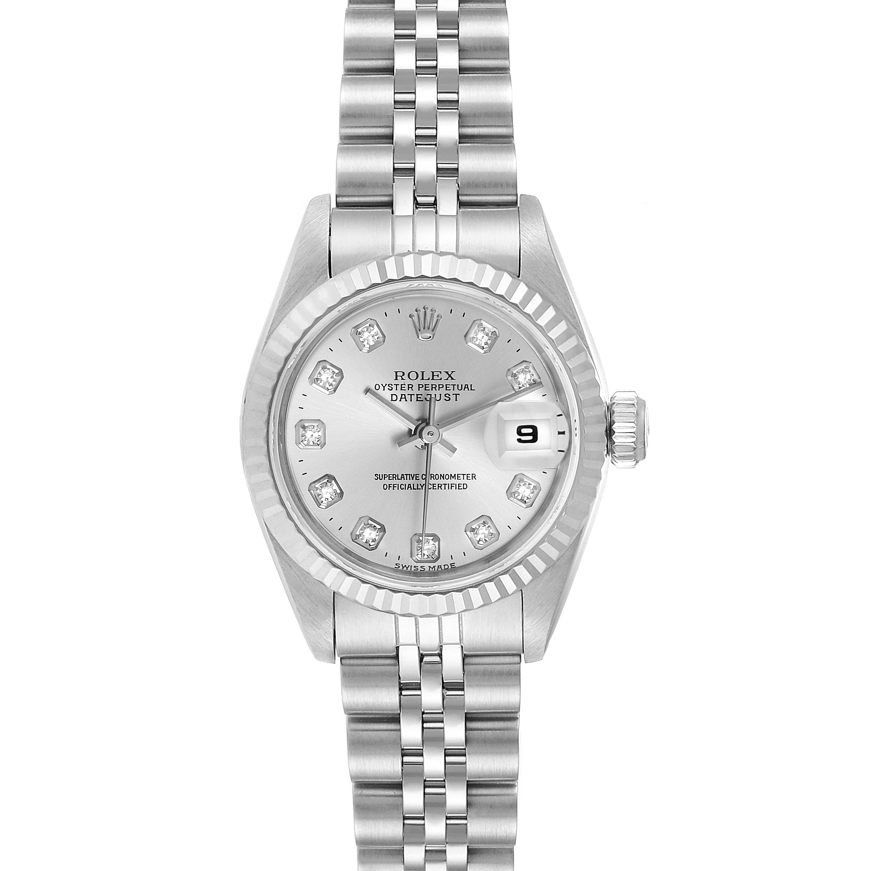This is a front view of the Rolex Datejust 69174 Women
s Stainless Steel Silver Dial 69174 Women
s Stainless Steel Silver Dial watch showing the dial, bracelet, date window, and crown.
