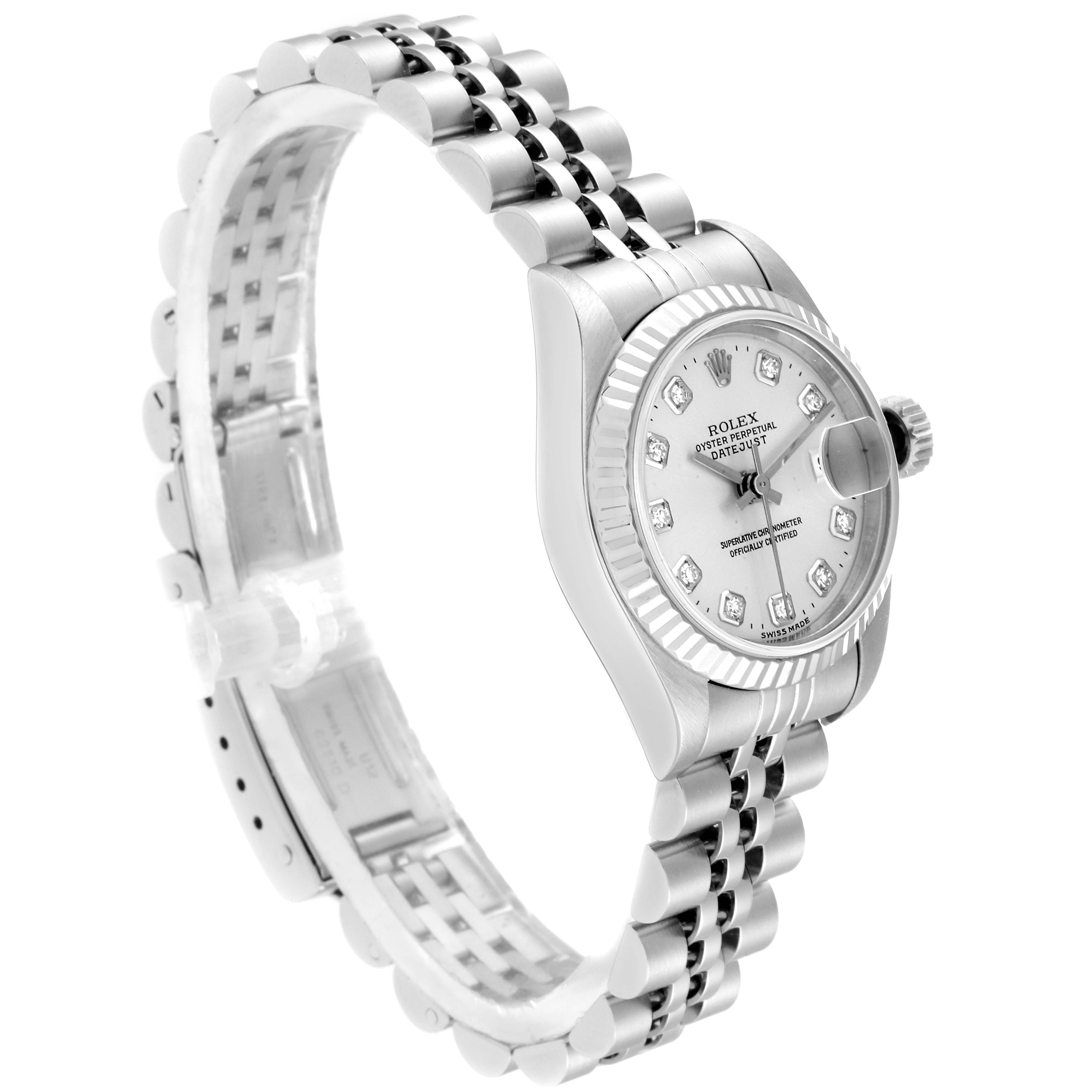 The image shows a side angle of a Rolex Datejust 69174 Women
s Stainless Steel Silver Dial 69174 Women
s Stainless Steel Silver Dial watch, highlighting the bracelet, bezel, and dial with diamond hour markers.