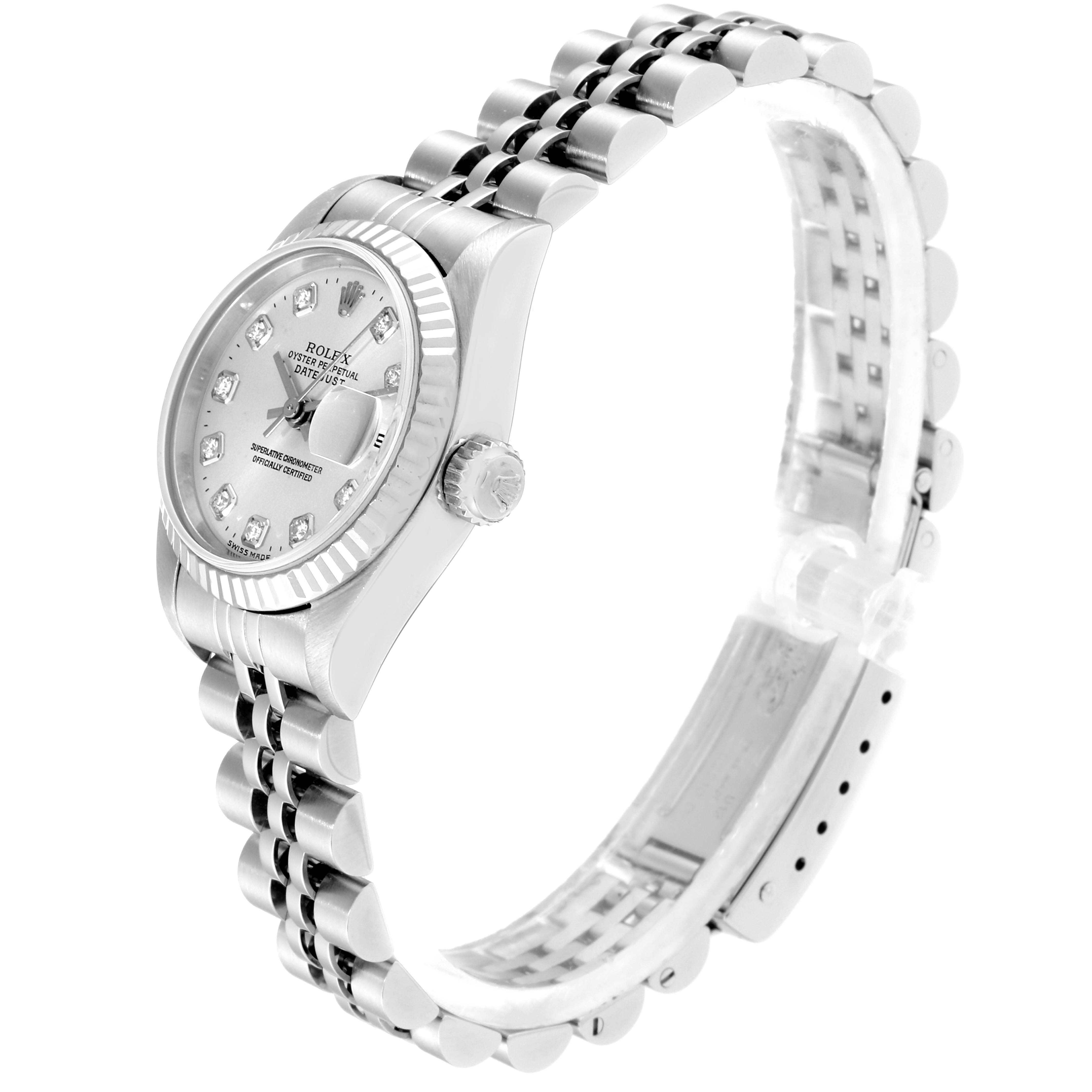 The image shows a side angle view of a Rolex Datejust 69174 Women
s Stainless Steel Silver Dial 69174 Women
s Stainless Steel Silver Dial watch, highlighting the dial, bezel, and bracelet.