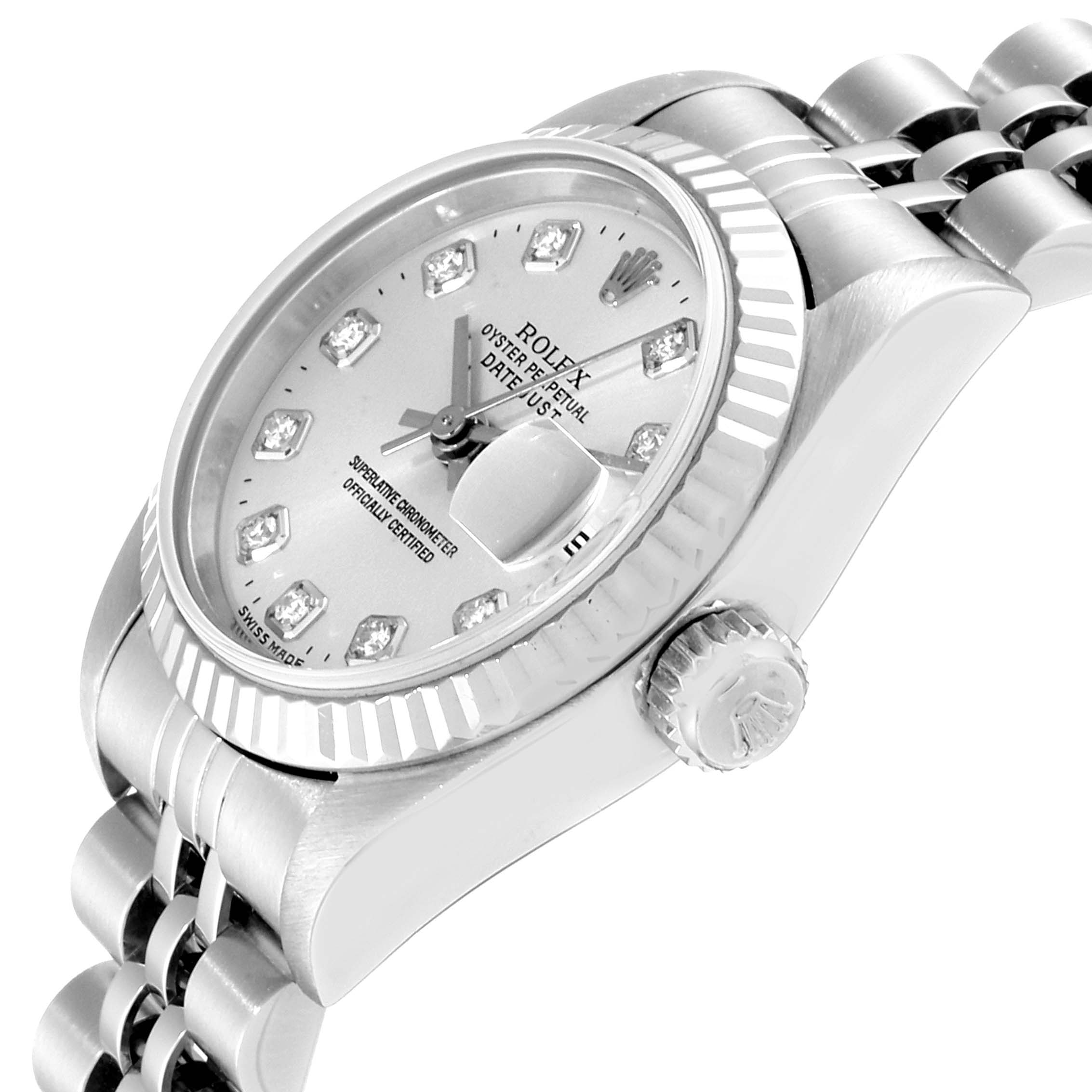 The image shows a Rolex Datejust 69174 Women
s Stainless Steel Silver Dial 69174 Women
s Stainless Steel Silver Dial watch at an angled view highlighting the dial, bezel, crown, and part of the bracelet.