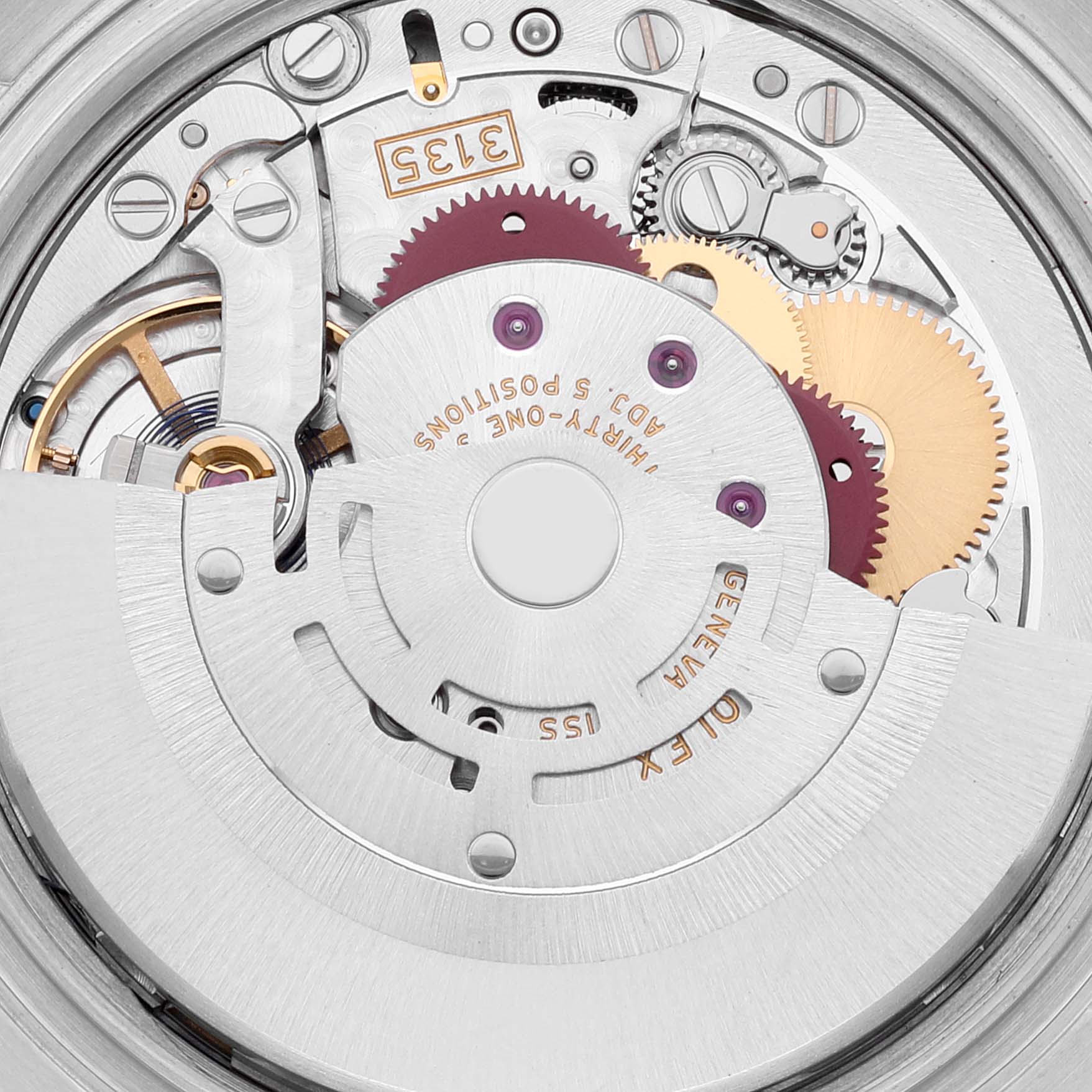 This image shows the internal movement mechanism of a Rolex Datejust 116234 Men's Stainless Steel White Dial 116234 Men's Stainless Steel White Dial watch viewed from the back.