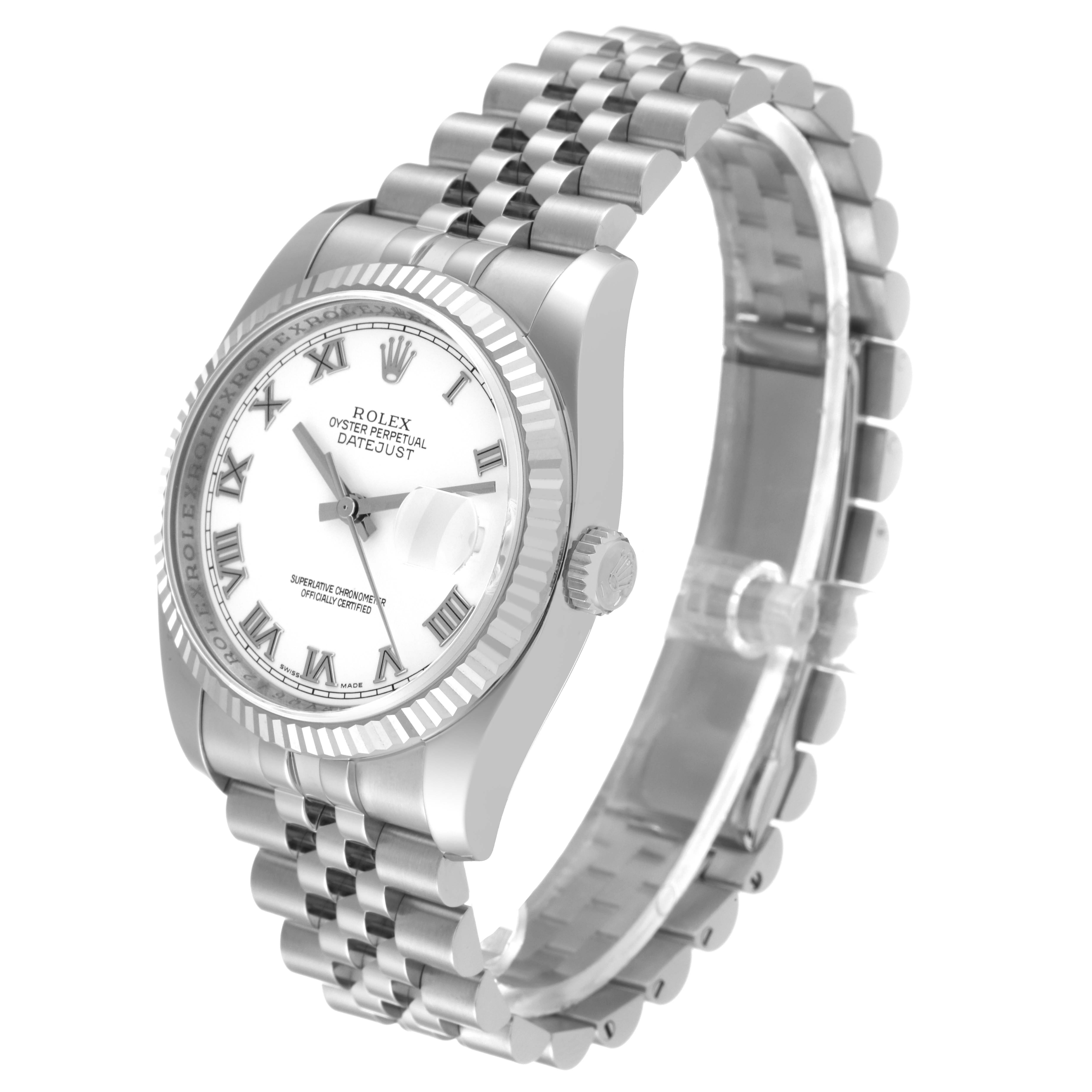 This image shows a side angle of a Rolex Datejust 116234 Men's Stainless Steel White Dial 116234 Men's Stainless Steel White Dial watch, displaying its white dial, fluted bezel, and Jubilee bracelet.